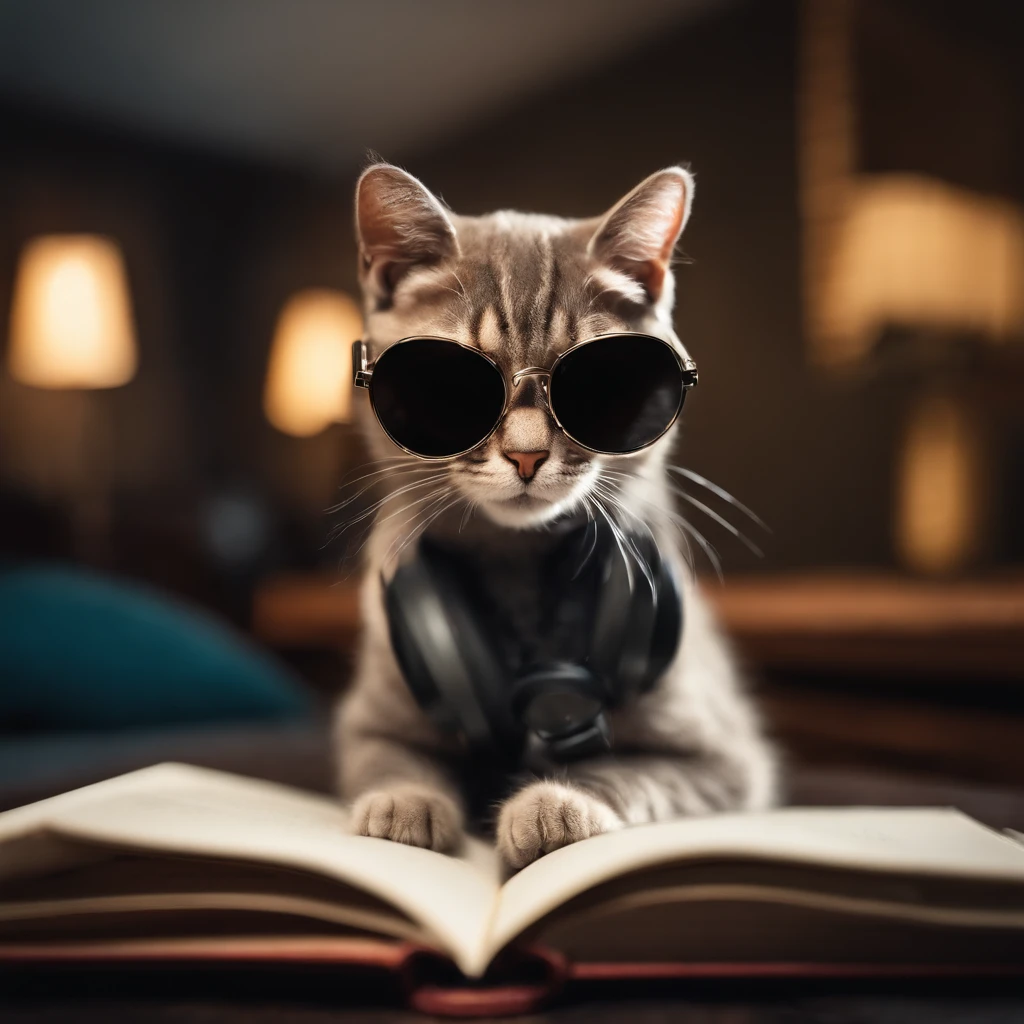 Perfect centering arrangement, Cute little cat, Wear a jacket., Wear sunglasses, Wearing headphones, cheerfulness, Hold the book. Standing position., abstract beauty, centered, looking at the camera, facing camera, Approaching perfection, dynamic, high-detail, smooth, crisp focus, 10