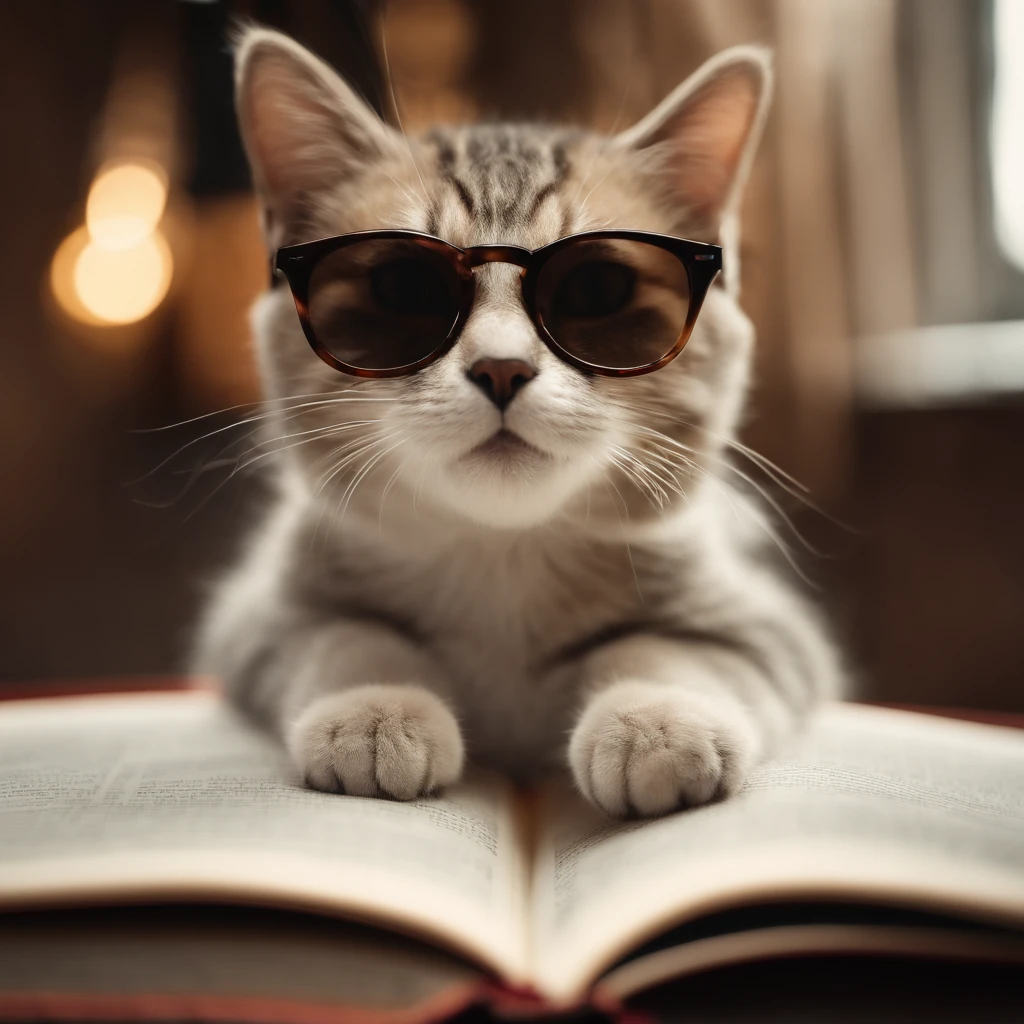 Perfect centering arrangement, Cute  cat, Wear a jacket., Wear sunglasses, Wearing headphones, cheerfulness, Hold the book. Standing position., abstract beauty, centered, looking at the camera, facing camera, Approaching perfection, dynamic, high-detail, smooth, crisp focus, 10