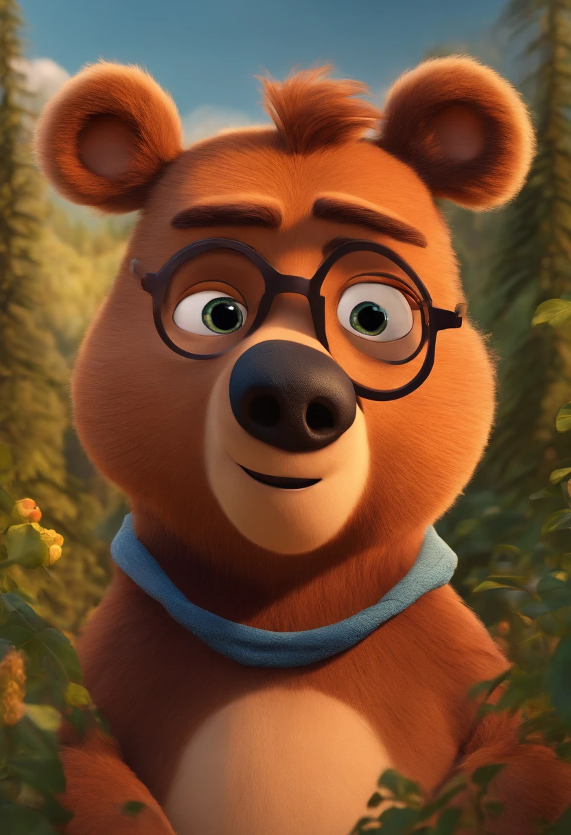 Menino estilo desenho animado, Pixar, wearing round glasses, segurando um urso de pelucia, roupa de escoteiro,
