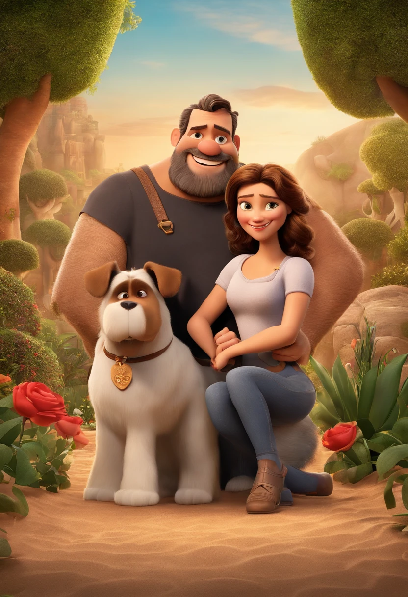 a Disney Pixar movie poster showing a white-skinned family. The father is the tallest, Tem barba curta, moreno, cabelos curtos e espinhosos. The mother has brown eyes and hair, shoulder-length and is slightly overweight. A menina tem 11 anos e cabelos castanhos, roupa rosa e rabos de cavalo. The background is a beach garden. 3D-rendering, There's a schnauzer too