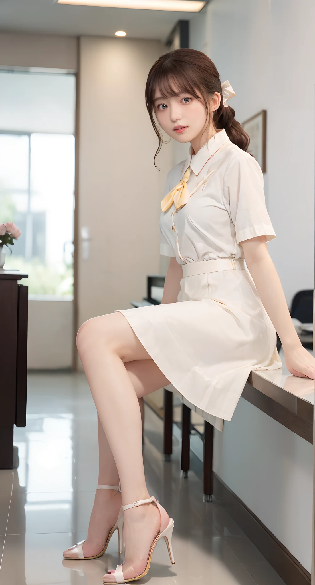 (((Back arch、Receiving documents、NSFW,Mouth ajar))),(((((NSFW、dress shirts、shortsleeves、flered skirt、high-heels、raise her legs))))),((In the office、In the company、In the reception room、frombelow))、masutepiece, 1girl in, best qualtiy, Ultra Detail, (shiny), (Small)、(((with blush cheeks,))),Ray tracing,Perfect Lighting, (milky skin:1.2),reflection, up looking_で_viewer, blush, bow ribbon, Medium Curl Hair、yellow_Eyes, White choker, Low_Twin-tailed、Japan's cutest 28-year-old beautiful girl、Small ribbons in the hair、(NSFW:0.8)、Low heel contrast、Contrast Legs、Contrasting eyes