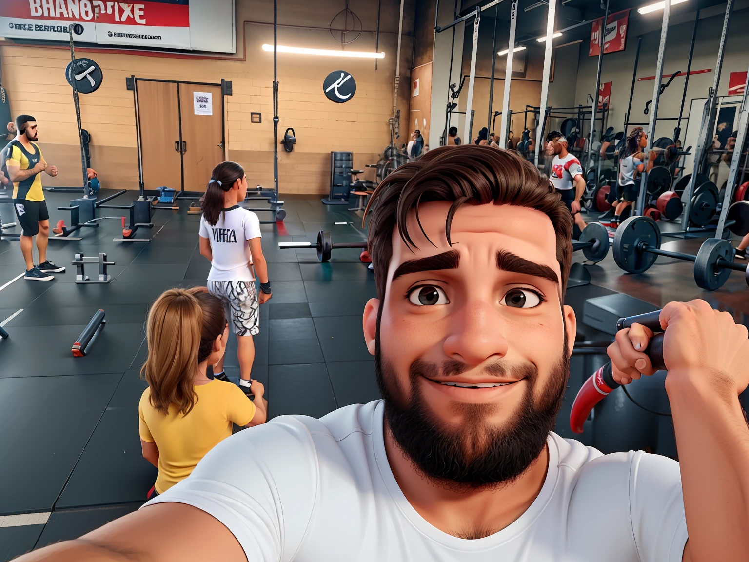 Henrique veste uma camiseta branca e tirou uma selfie no box de crossfit
