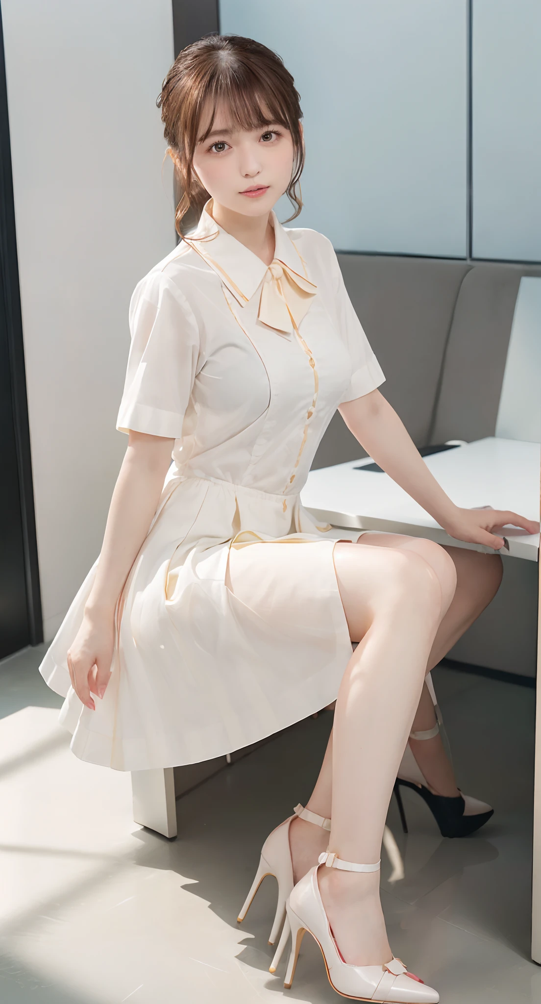 (((Back arch、Receiving documents、NSFW,Mouth ajar))),(((((NSFW、dress shirts、shortsleeves、flered skirt、high-heels、raise her legs))))),((In the office、In the company、In the reception room、frombelow))、masutepiece, 1girl in, best qualtiy, Ultra Detail, (shiny), (Small)、(((with blush cheeks,))),Ray tracing,Perfect Lighting, (milky skin:1.2),reflection, up looking_で_viewer, blush, bow ribbon, Medium Curl Hair、yellow_Eyes, White choker, Low_Twin-tailed、Japan's cutest 28-year-old beautiful girl、Small ribbons in the hair、(NSFW:0.8)、Low heel contrast、Contrast Legs、Contrasting eyes