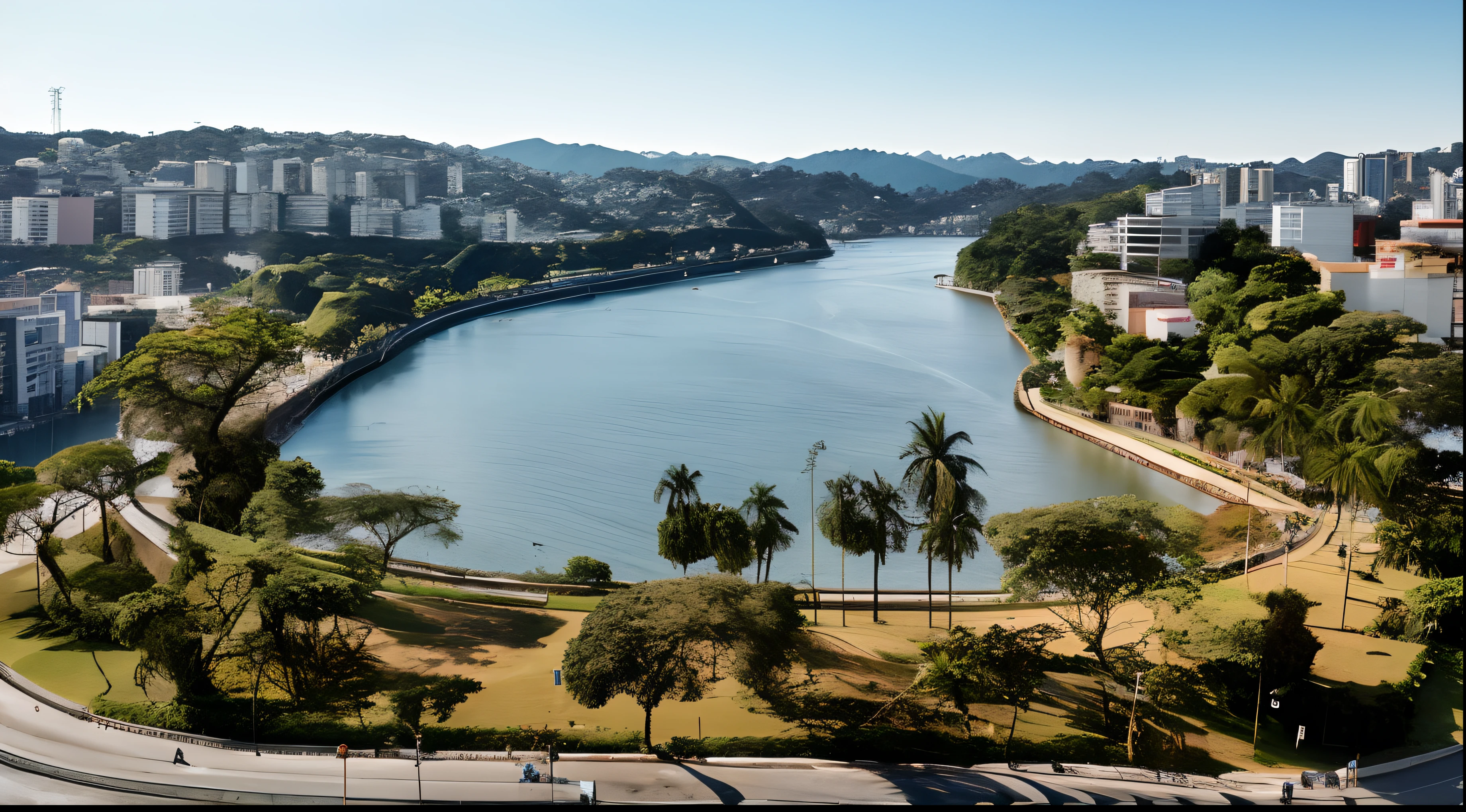 Vista Arafed de uma cidade com um lago e uma estrada, by Rodolfo Amoedo, Directed by: Felipe Seade, Rio Grande Angular, Directed by: Herbert MacNair, Directed by: Nandor Soldier, Porto Rico, tourist destination, Directed by: Luis Miranda, Riverside, Directed by: Manuel Franquelo, vista para o lago, Directed by: Felix Arauz, rio de janeiro
