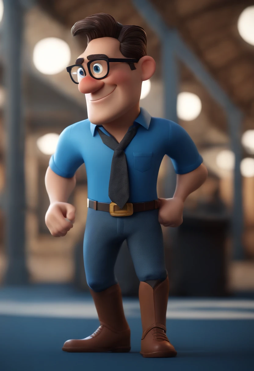 Cartoon character of a man wearing black glasses and a blue shirt, um personagem animado, Caractere estilizado, animation style rendering, 3D estilizado, Arnold Maya render, 3 d render stylized, toon render keyshot, Personagem 3D, Personagem 3D, 3d rendering stylized, 3 d character render, personagem de desenho animado, Personagem de close up, Pose de personagem, (Estilo Pixar) (master part:1.2) (Bokeh) (best quality) (pele detalhada) (textura detalhada) (8k) (argila) (Cinematic lighting) (foco nítido，Senta e vaza a parte superior do corpo