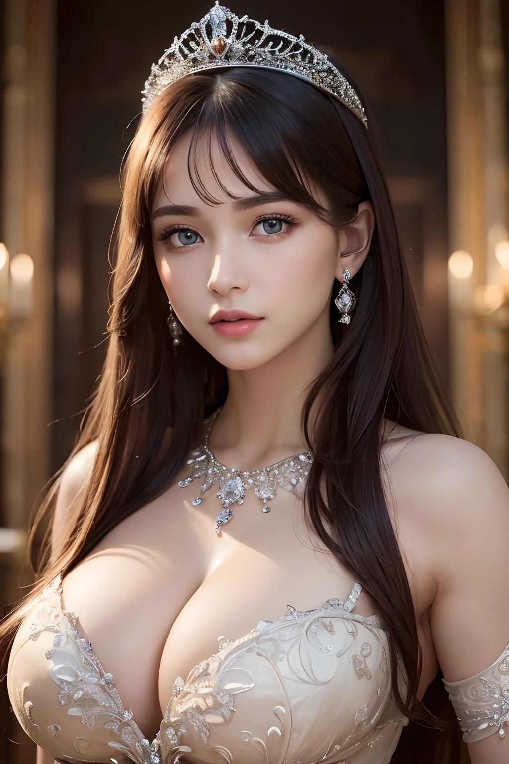 ((best quality, 8K, masterpiece)), ultra detailed, sharp focus, ((ultra realistic photo)), 1 beautiful woman, 25yo, (huge breasts), ((long cleavage)), elaborate design dress, gorgeous jewery, tiara, highly detailed face and skin texture, ((detailed eyes)), ((beautiful eyes:1.4)), three-quarter length