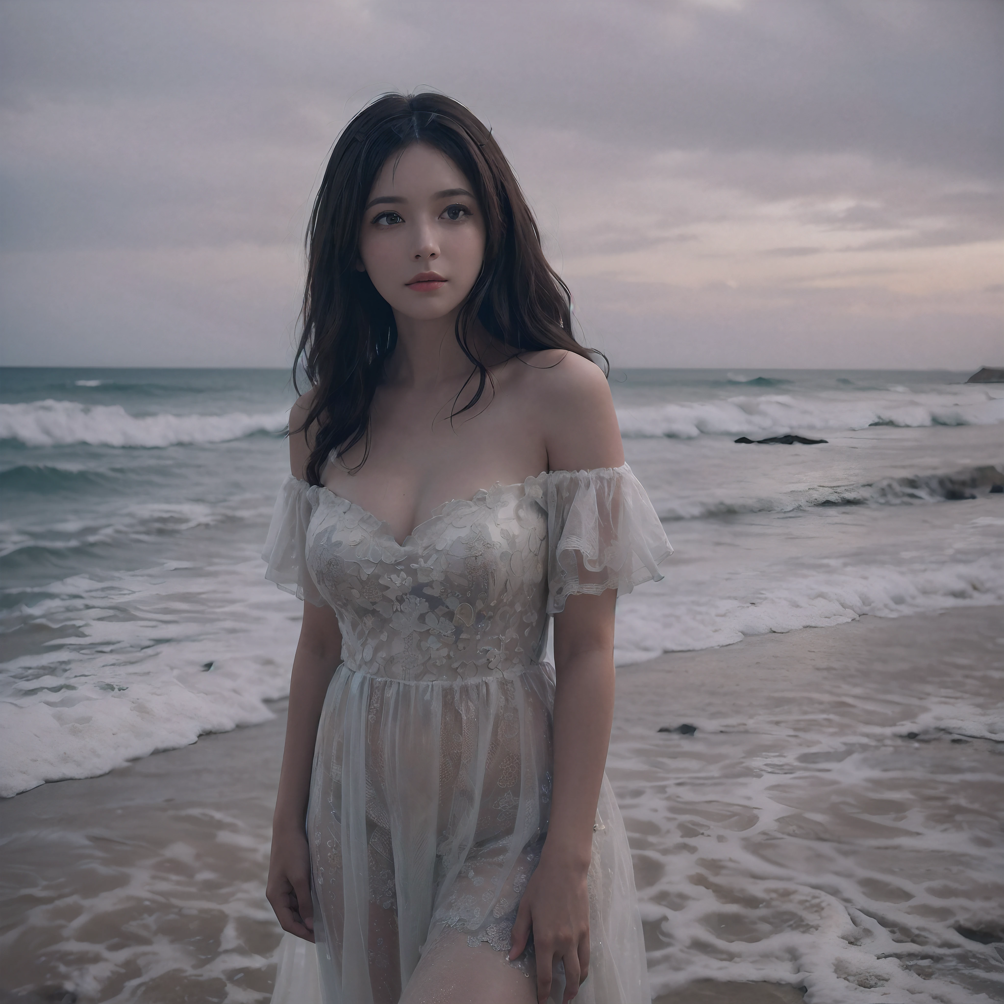 best image quality, masterpiece, super high resolution, (fidelity:1.4), photo, 1 girl, white shirt, torn jeans, white sneakers, dim, darkness, despair, pity, poor, movie, tears, teardrops, (torn clothes:1.5), (wet clothes:1.4), bare shoulders, real rain, wet hair,..