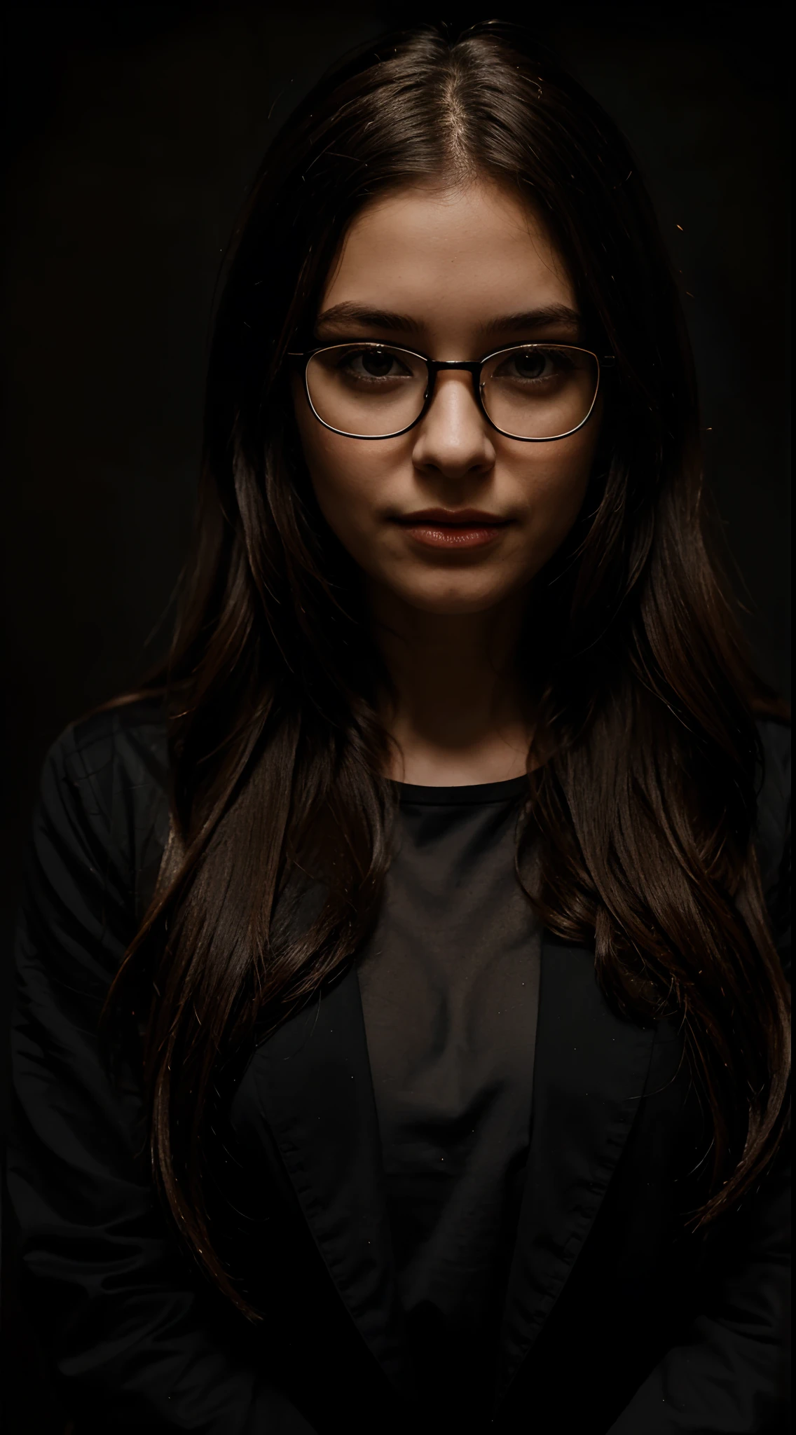 A portrait of woman, wearing glasses, long hair, dark background