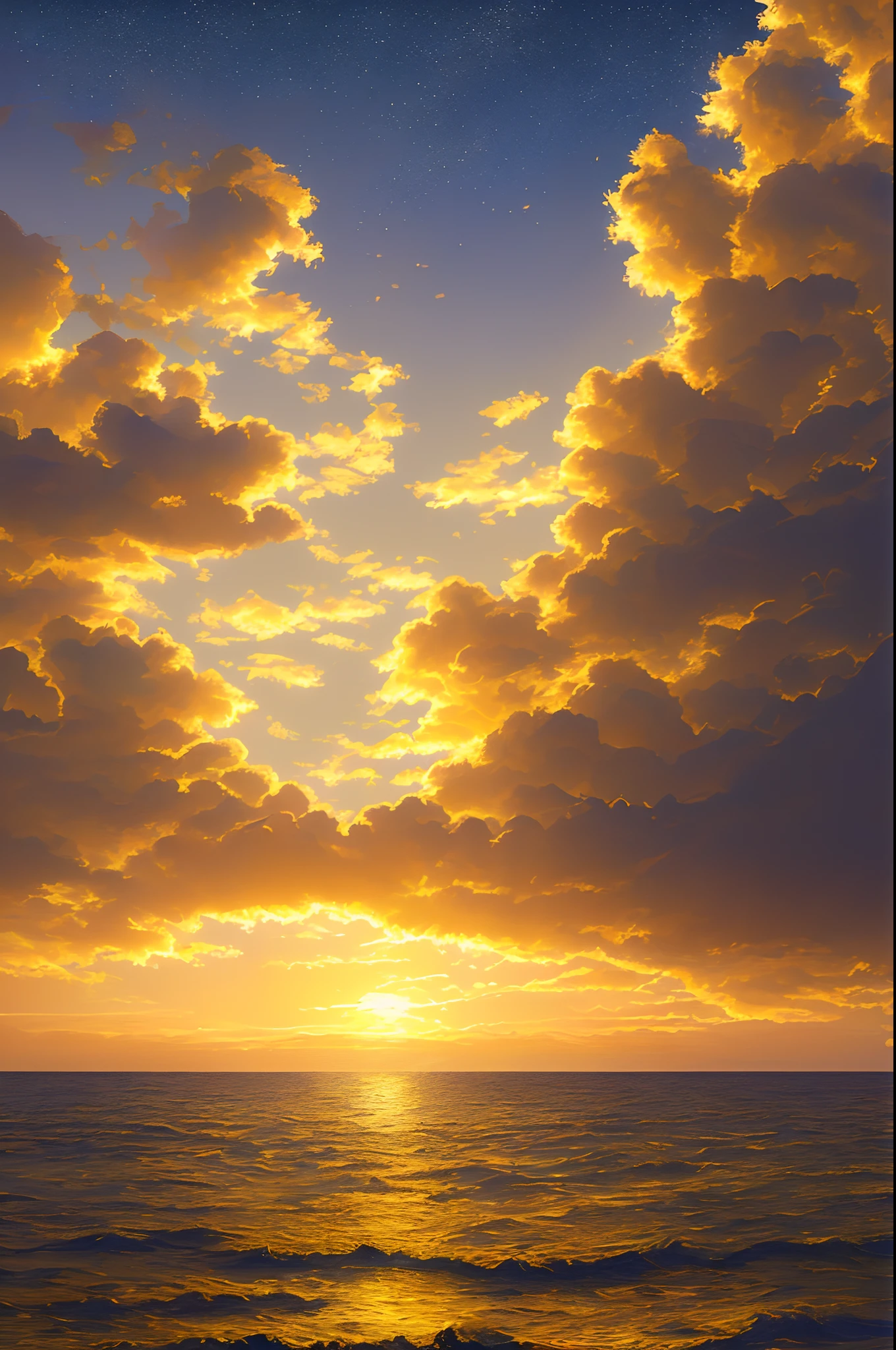 (((masterpiece)))), (((bestquality)))), ((super detail)), (highly detailed CG illustration), 10, Golden light in cinema, intricate detailed, The sun went down gold., Golden Night Sky, Soft Gold Clouds, The gentle glittering waves of the Sea of Gold, Soft light, Gold Beach, Relaxing landscape, Night landscape, Shining golden at night