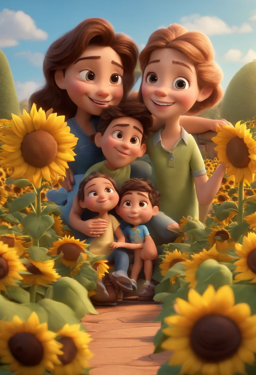 Create a Disney PIXAR-style 3D poster. ((centro da imagem, Triplets)), ((3 children)) ((1 ****** no meio e 2 ******s ao lado, They're hugging each other, O ****** tem pele castanha e cabelos castanhos escuros e olhos castanhos escuros, 1 ****** tem pele clara, olhos e cabelos escuros e cacheados, e a outra ****** tem pele morena, olhos escuros e cabelos escuros e lisos)) ((tudo isso no estilo Disney PIXAR 3D, In the background, A house of sunflowers, Gloria Studio, The garden is full of nature 3D render RTX clay material, estilo de design cartunesco, POP Mart, soft lighting, linhas suaves, Spring tilt, Detailed illustrations of PIXAR 3D, Detalhes hiper-realistas, cor quente no estilo Disney PIXAR 3D))