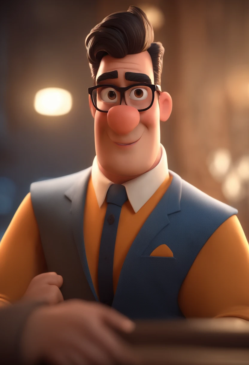 Cartoon character of a man with black glasses and a blue shirt, animation character, Caractere estilizado, animation style rendering, 3D estilizado, Arnold Maya render, 3 d render stylized, toon render keyshot, Personagem 3D, Personagem 3D, 3d rendering stylized, 3 d character render, personagem de desenho animado, Personagem de close up, Pose de personagem, (Estilo Pixar) (master part:1.2) (Bokeh) (best quality) (pele detalhada) (textura detalhada) (8k) (argila) (Cinematic lighting) (foco nítido