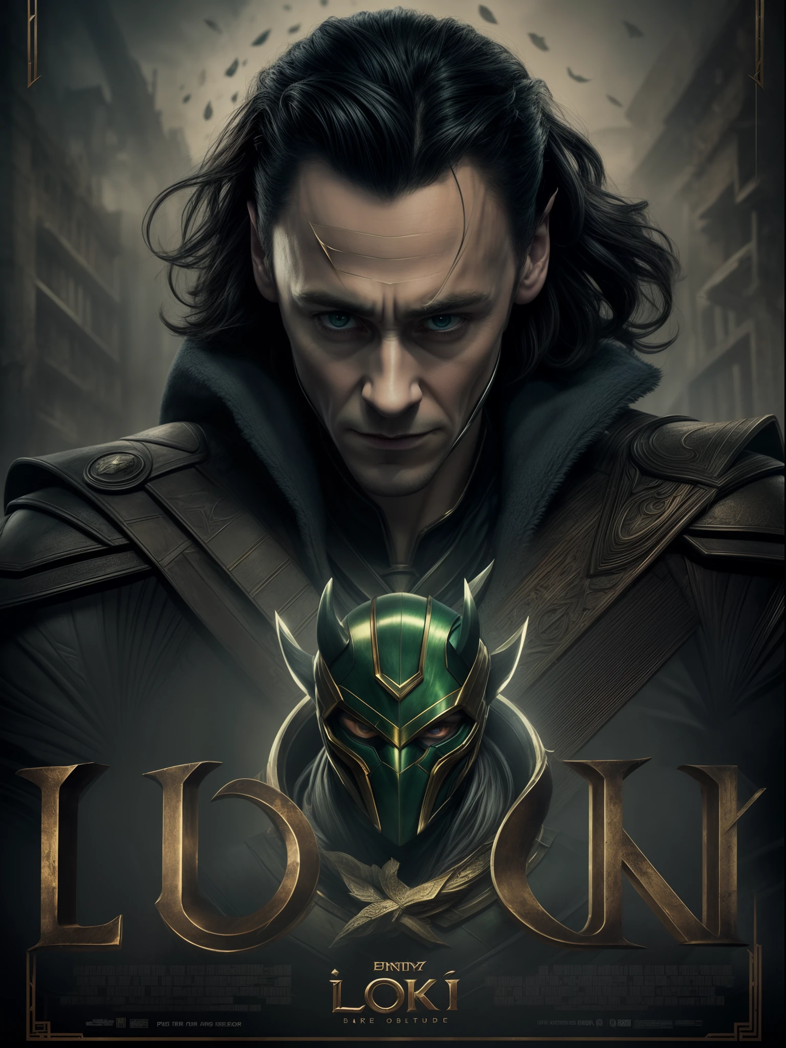 Loki, movie poster, dark moody settings, best quality, masterpiece collection, 16K resolution, extremely detailed, text as the center object
