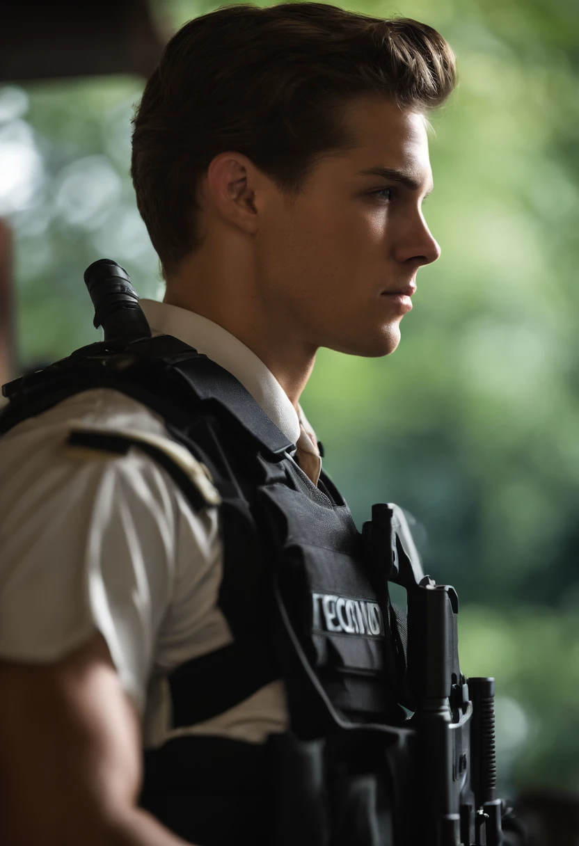 (foco profundo,Altas:1.2),(Realistic:1.37) retrato,Decano,,Agente do FBI,especialista em armas,slightly severe expression,brown hair,olhos verdes,Strong physique,tiro de corpo inteiro,malhar,macho,Professional Lighting & Bekah