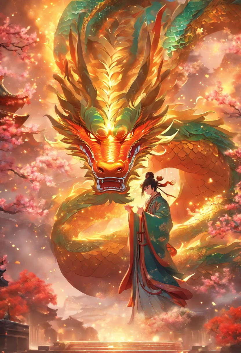 Chinese style elements,Oriental dragon image, Blessed by the dragon,The dragon is praying,Soaring skies, There are colorful lights everywhere, They were delighted, (High contrast), (The era of fantasy worlds), People are happily shopping, The atmosphere of the Spring Festival, (Ray tracing, Global illumination), (Masterpiece:1.4), (vibrant:1.2), Cinematic, iintricate,detail-rich, (Ultra-detailed CG unity 8k wallpaper)