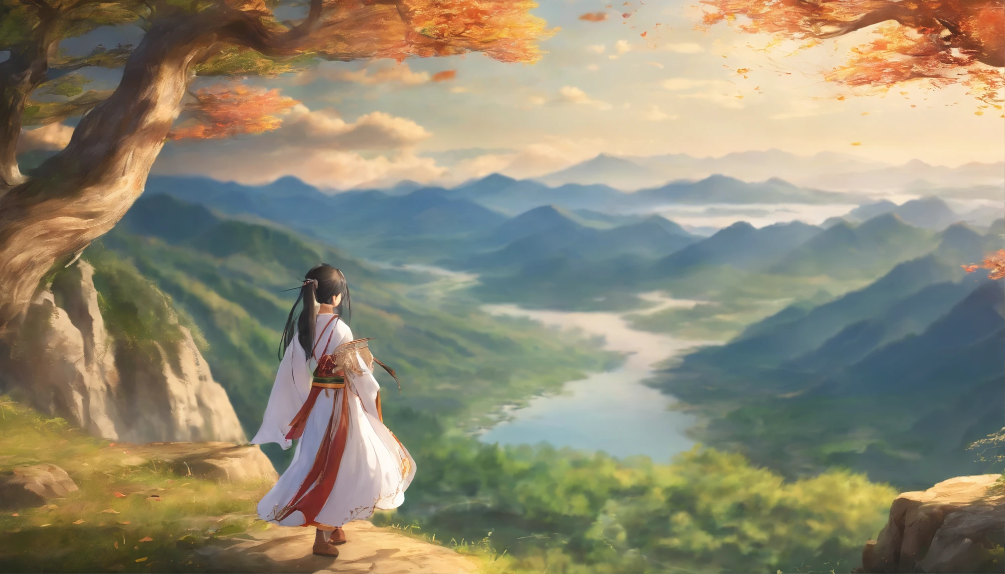 Masterpiece, Superior quality,CG, A girl stands on the edge of a cliff,long whitr hair,white clothes,Chinese ancient clothes,Hanfu,A Chinese-style ancient city in the distance,Face away from the camera,A big river,There are a lot of clouds in the sky,Mountains and seashores in the distance
