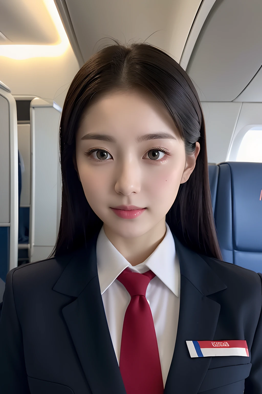 Top Quality, Masterpiece, 8K, Ultra High Definition, (Photorealistic: 1.4), 1 Girl, Beautiful Face, Symmetrical Eyes, Big, Perfect Body Proportions, Stewardess Uniform, Viewer's Look, (Inside the Airplane: 1.2), Front View, Shoulder Jump, Absolute Area (1.3),