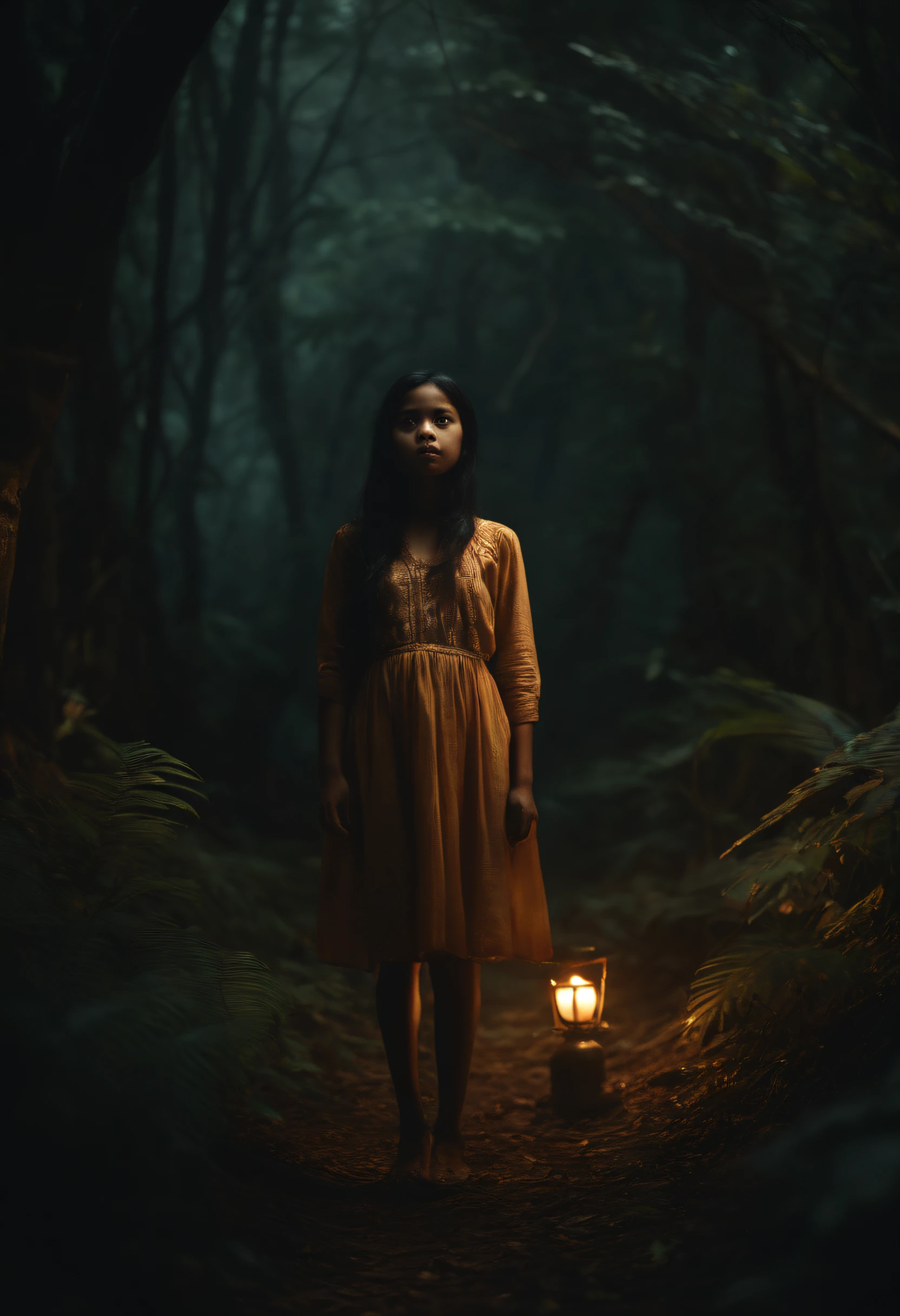 "Generate an image of a spooky, scared Malaysian girl in a dimly lit forest with eerie shadows and unknown creatures lurking."