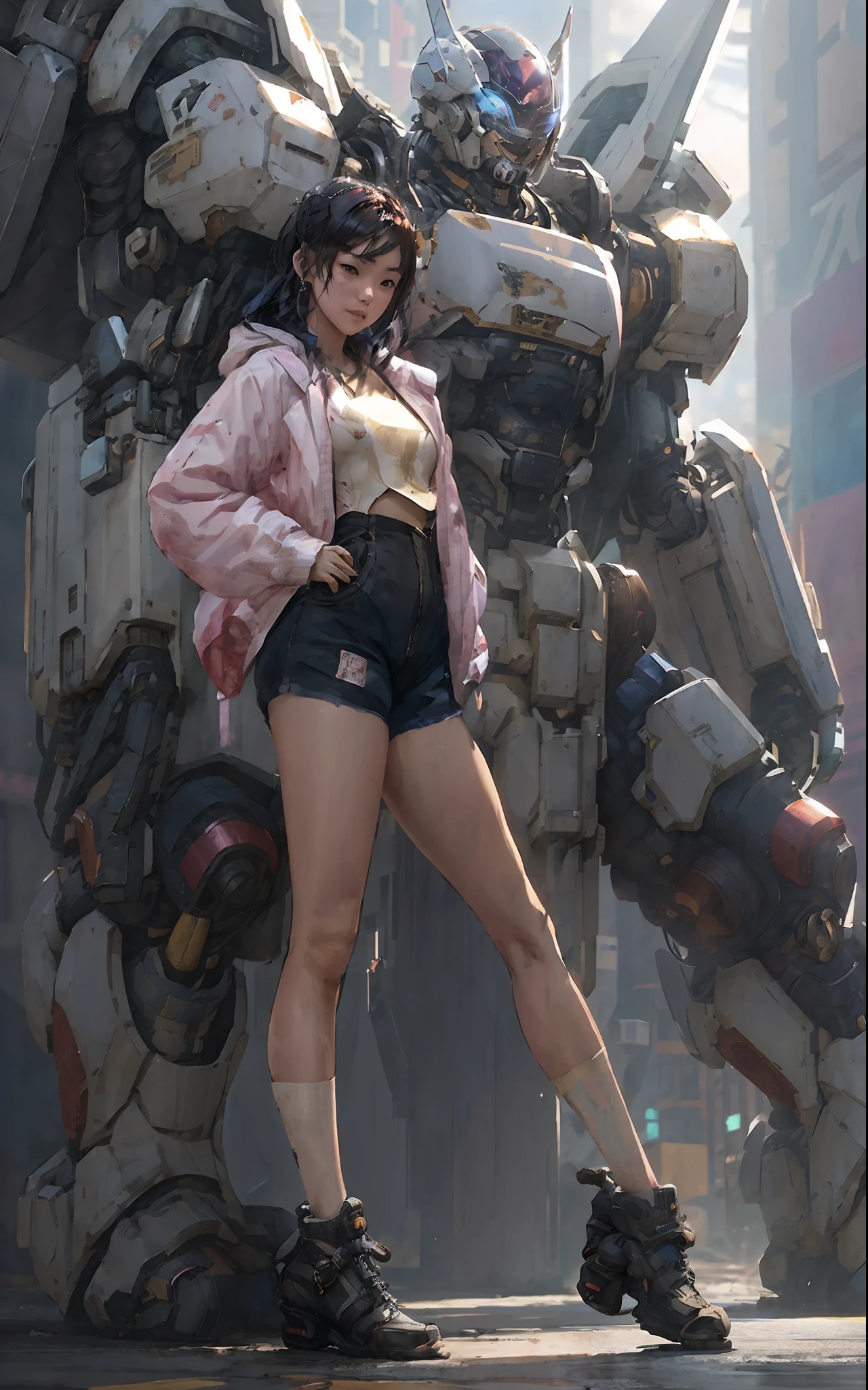 anime girl in naked standing next to giant robot, artwork in the style of guweiz, cyberpunk anime girl mech, trending on cgstation, guweiz, by Russell Dongjun Lu, digital cyberpunk anime art, ross tran 8 k, guweiz on artstation pixiv, girl in mecha cyber armor