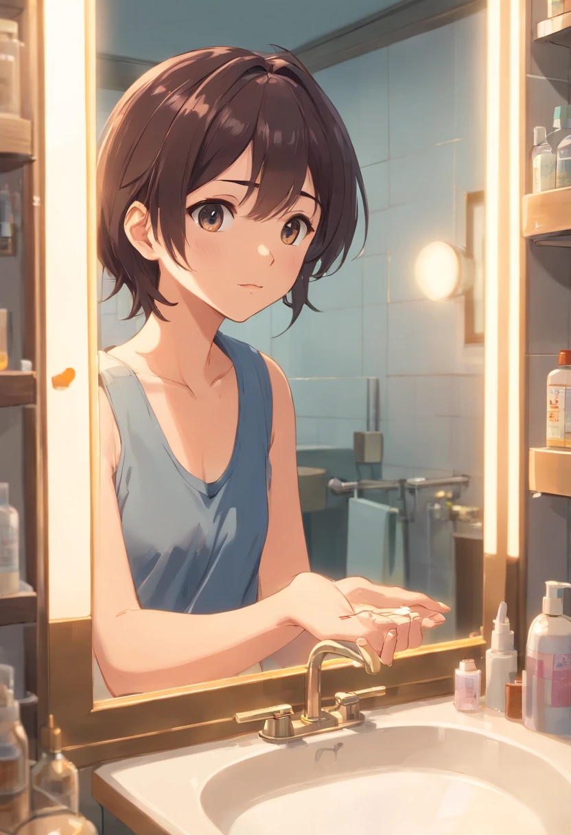 、(masterpiece、Highest quality)、Highest quality, Ultra-high resolution, (((masterpiece))), alone, Sweat、Big eyes, Composition from the front、Shortcuts、Embarrassed face、Bronze colored hair、Cut the back hair short、Bathroom、Shower scene、 Expose、Completely naked、pubic hair、belly button、Large areola、Nipples、short hair