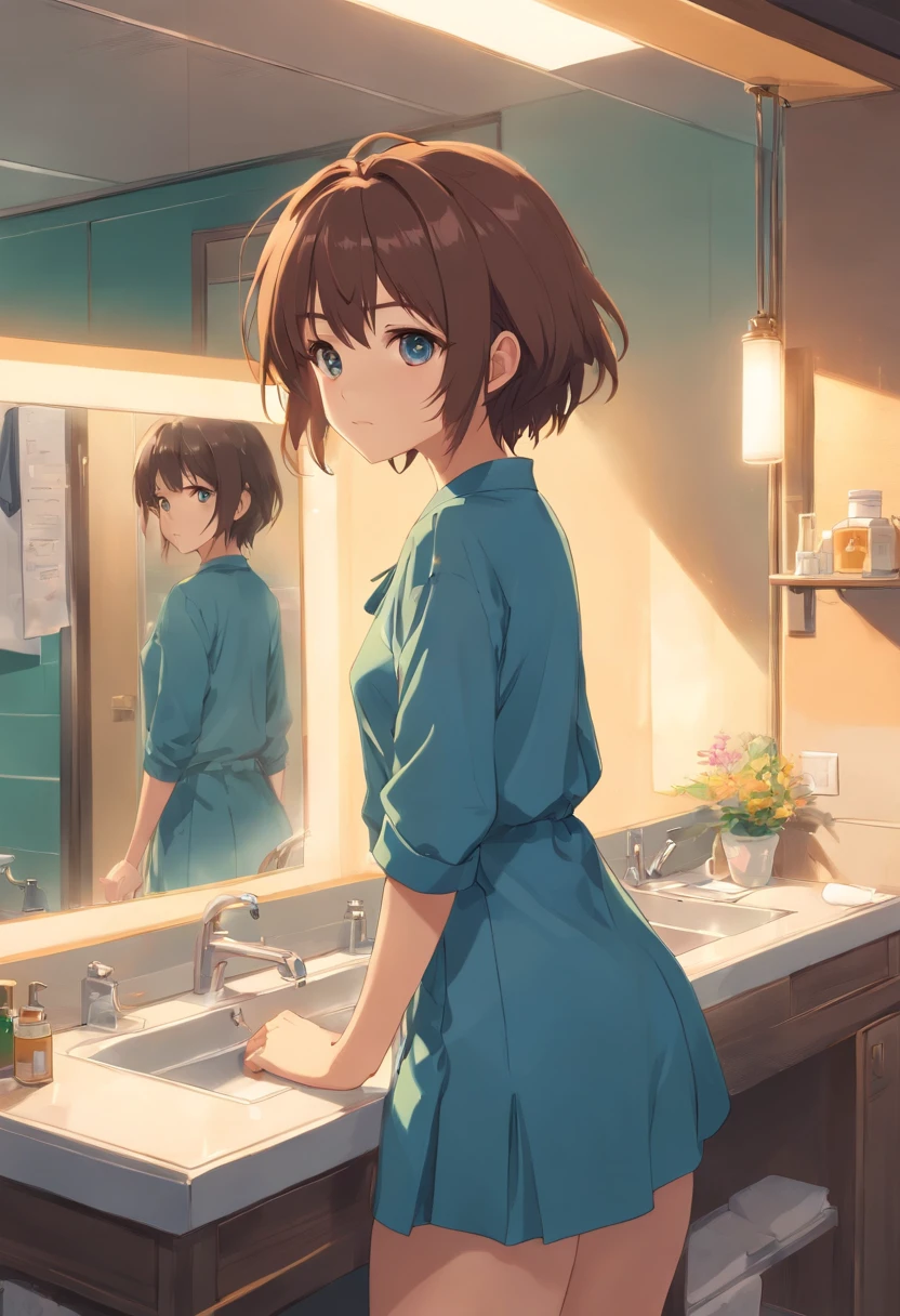 Bai Mo stood in front of the washstand，Look at yourself in the mirror。Character actions：Bai Mo braced his hands on the washstand，Idle。Lens angle：Front lens，Reflected Bai Mo in the mirror。