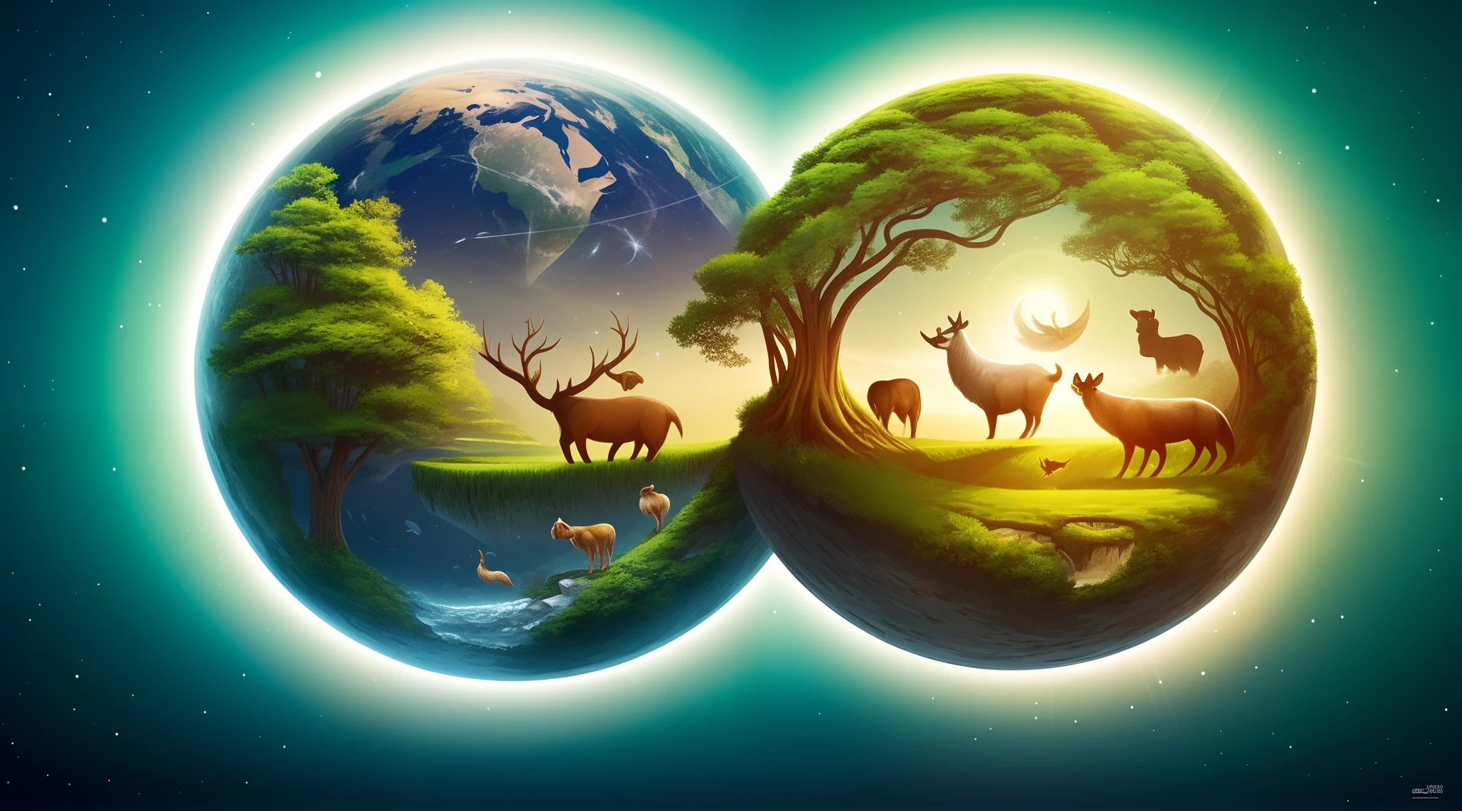 The center of the universe is the center of the earth,It is the heart that is rooted in the arteries,Man lifts up the earth with his hands,Stylized digital illustration of animals living on earth
