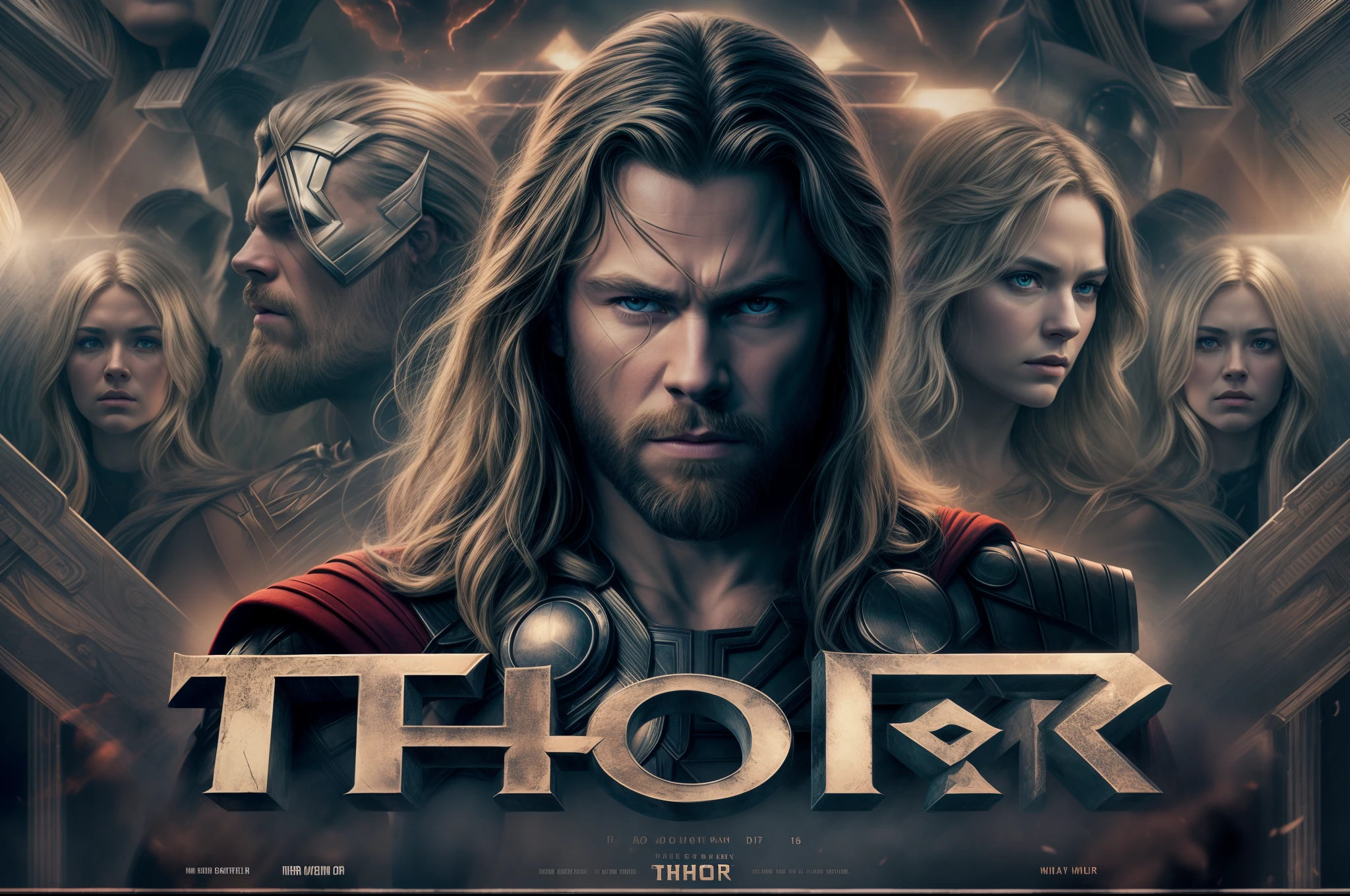 Thor, movie poster, dark moody settings, best quality, masterpiece collection, 16K resolution, extremely detailed, text as the center object