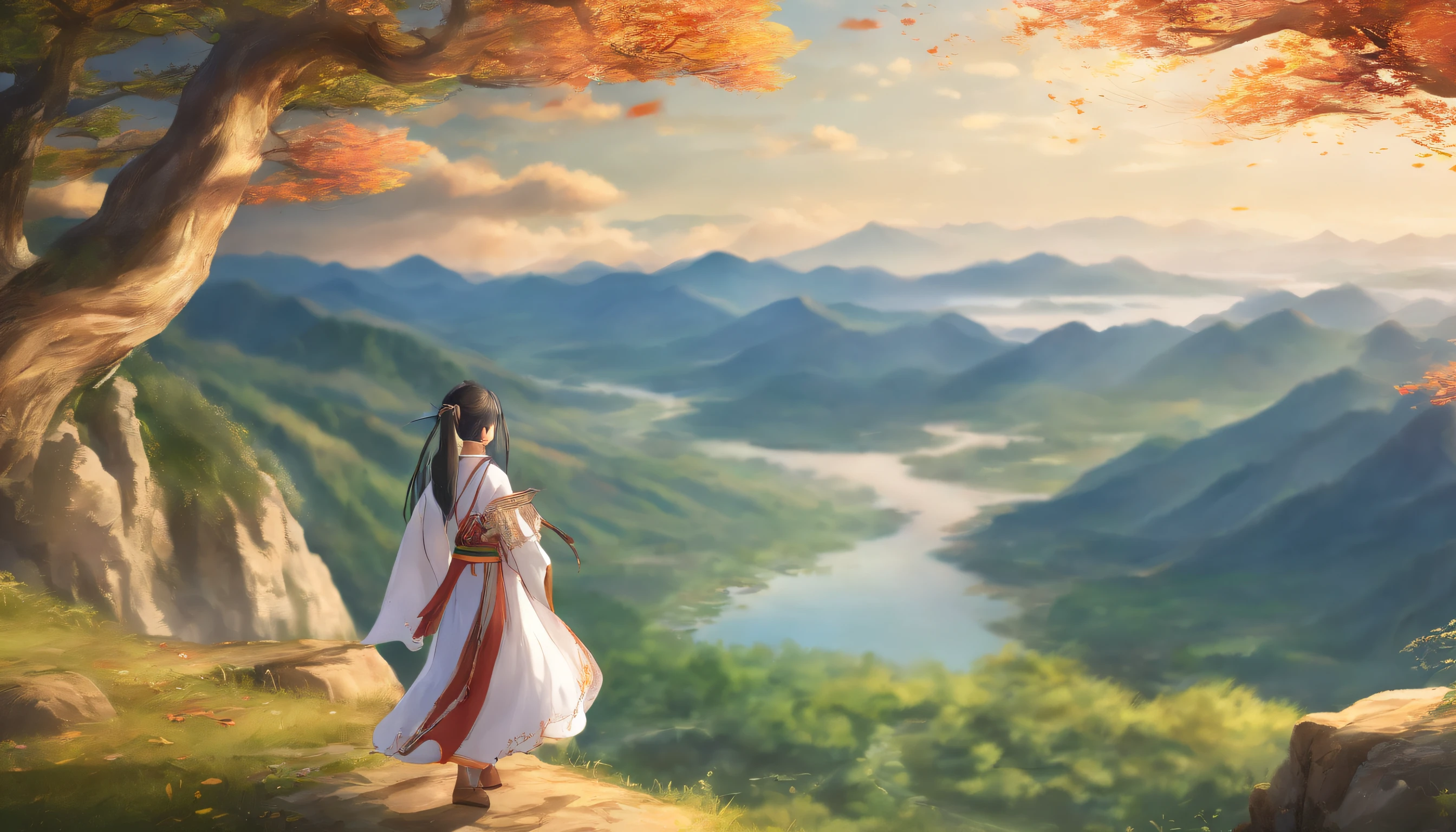 Masterpiece, Superior quality,CG, A girl stands on the edge of a cliff,long whitr hair,white clothes,Chinese ancient clothes,Hanfu,A Chinese-style ancient city in the distance,Face away from the camera,A big river,There are a lot of clouds in the sky,Mountains and seashores in the distance