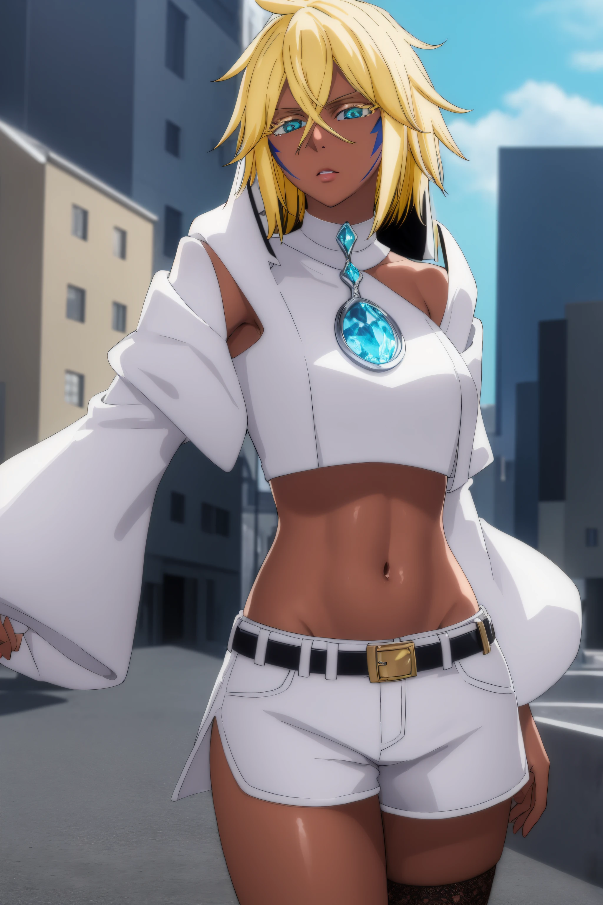 halibeltier, halibel tier, short hair, blonde hair, green eyes, dark skin, dark-skinned female, facial mark,
BREAK black choker, off shoulder, cropped jacket, white jacket, long sleeves, midriff, belt, black shorts, short shorts, single thighhigh, fishnets,
BREAK outdoors,
BREAK looking at viewer, (cowboy shot:1.5),pose, hand on hip,
BREAK (masterpiece:1.2), best quality, high resolution,NSFW ,unity 8k wallpaper, (illustration:0.8), (beautiful detailed eyes:1.6), extremely detailed face, perfect lighting, extremely detailed CG, (perfect hands, perfect anatomy),