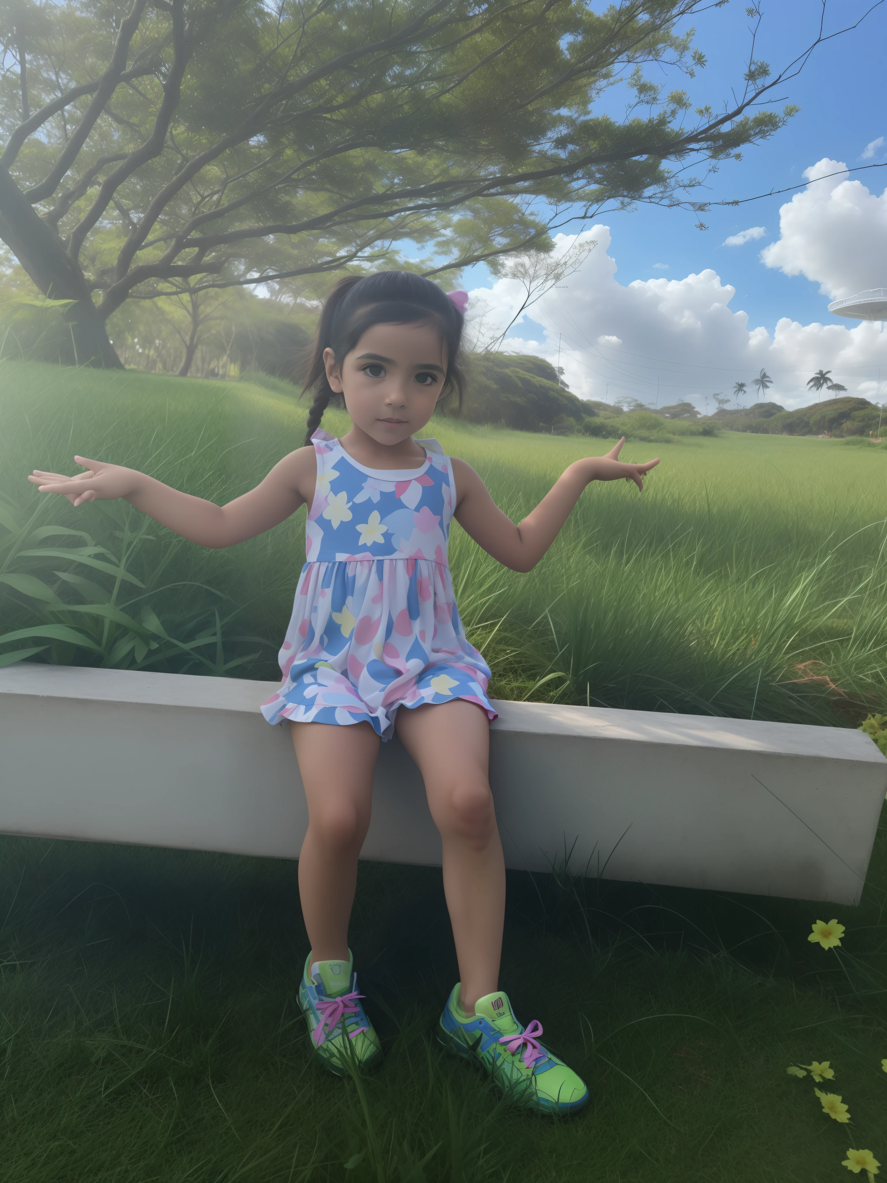 There's a  girl sitting on a concrete bench in the grass, no parque, 2 anos, em um parque, katelynn mini estilo bonito, quatro anos, pose divertida, imagem de qualidade muito baixa, menina bonito vestindo o terno do tanque, photo shoot, Pose completa, sentado em um campo, 4 anos de idade, no parque em um belo dia