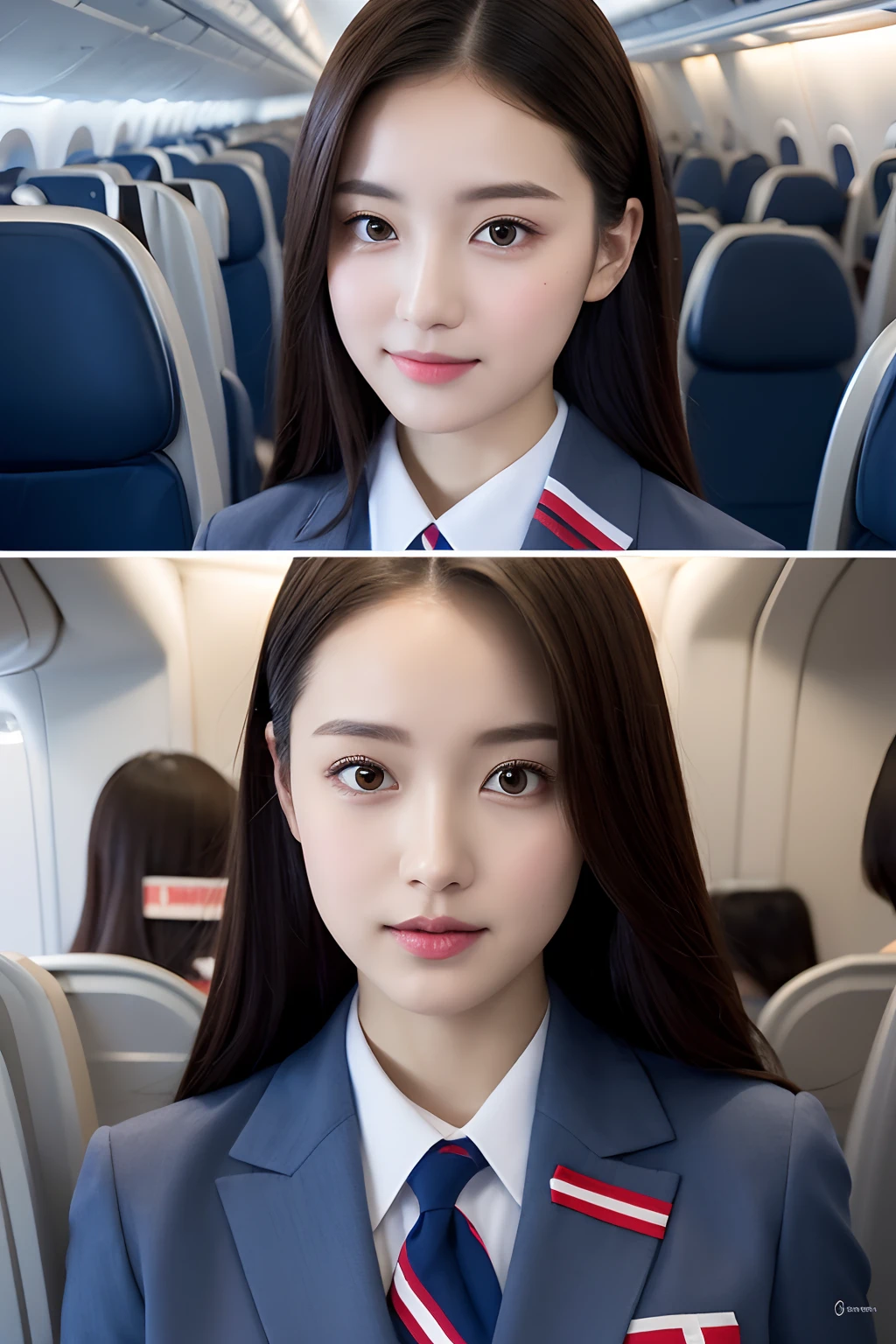 Top Quality, Masterpiece, 8K, Ultra High Definition, (Photorealistic: 1.4), 1 Girl, Beautiful Face, Symmetrical Eyes, Big, Perfect Body Proportions, Stewardess Uniform, Viewer's Look, (Inside the Airplane: 1.2), Front View, Shoulder Jump, Absolute Area (1.3),