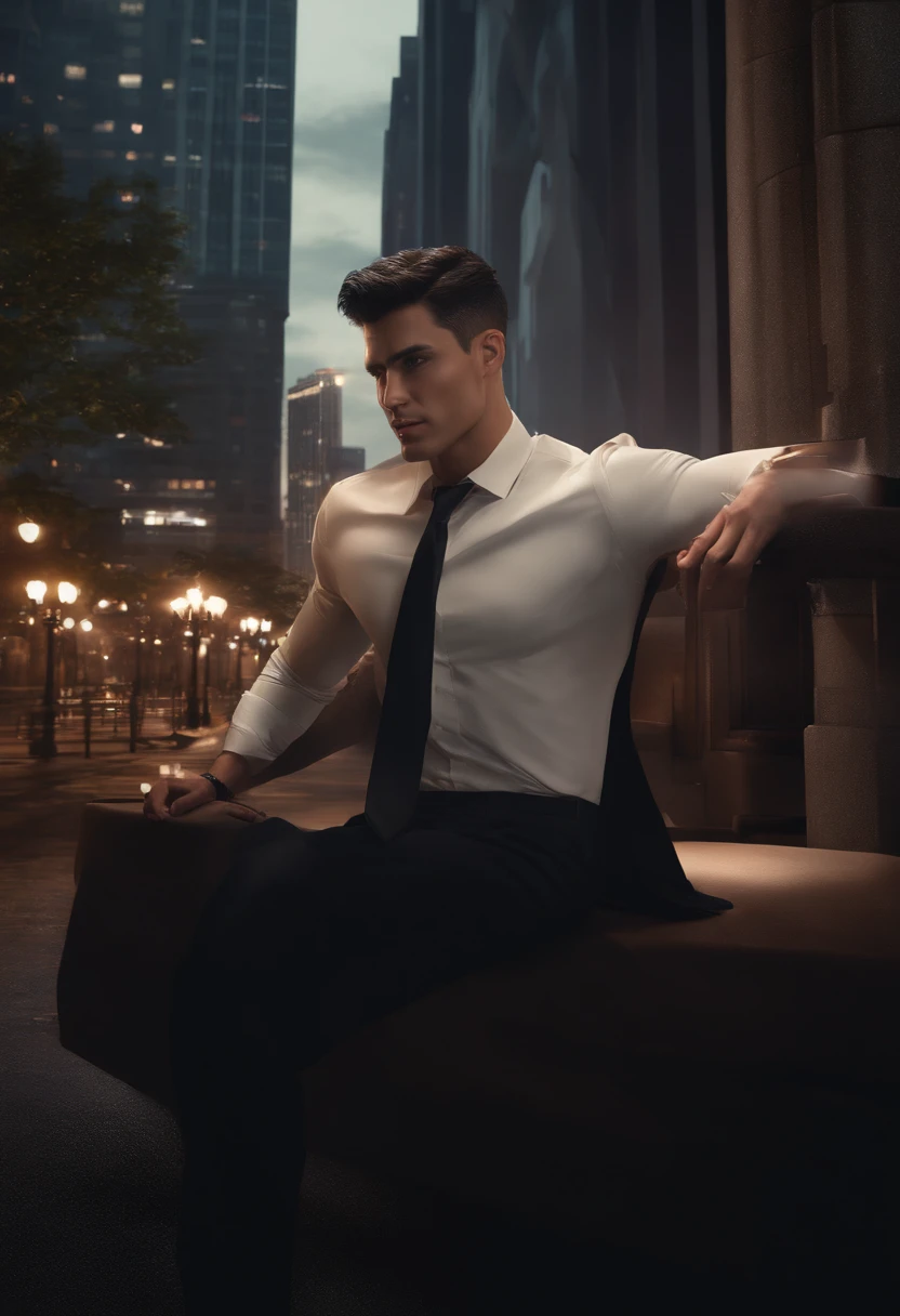(absurdres, highres, ultra detailed, realistic, ), 1 male, solo, adult, mature, tall muscular guy, broad shoulders, handsome, very short hair, black hair, brown eyes, angular jaw, thick neck, thick eyebrows, night, dark, the night view of the city background, formal suit, necktie, upper body