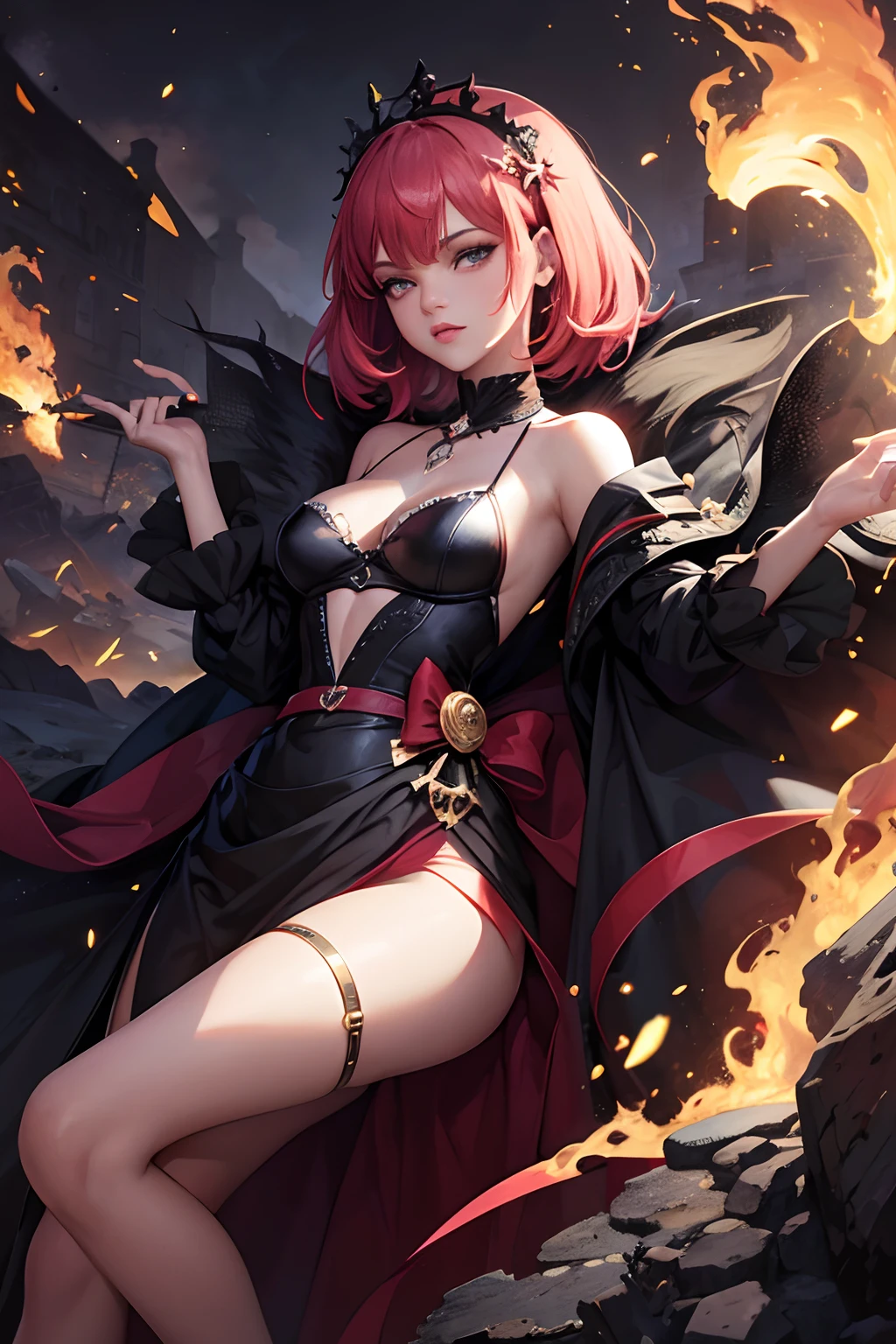 Rihanna ultra-détaillée se tient au sommet d’un tas de ruines en feu, Sa présence diabolique et insidieuse irradiant de sa couronne sombre et de sa robe de reine maléfique noire et rouge. Ses ailes de démon sur son dos et sa corne de démon lui donnent une aura invincible alors qu’elle déclenche une puissante vague de destruction d’un seul geste.