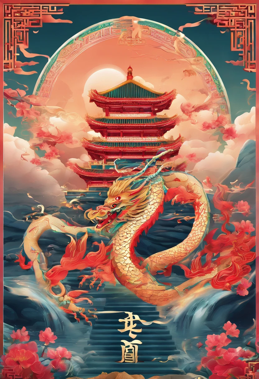Chinese style elements,Oriental dragon image, Blessed by the dragon,The dragon is praying,Soaring skies, There are colorful lights everywhere, They were delighted, (High contrast), (The era of fantasy worlds), People are happily shopping, The atmosphere of the Spring Festival, (Ray tracing, Global illumination), (Masterpiece:1.4), (vibrant:1.2), Cinematic, iintricate,detail-rich, (Ultra-detailed CG unity 8k wallpaper)