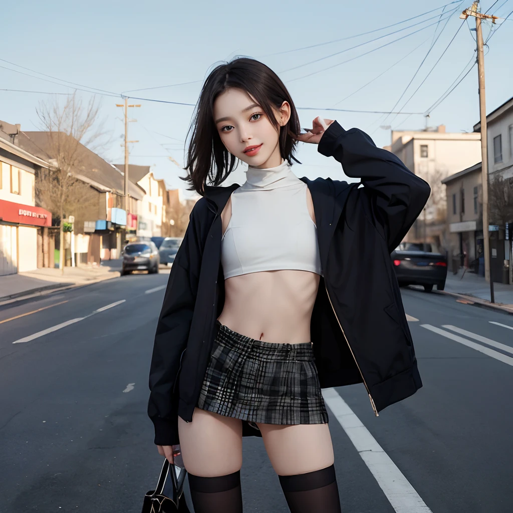 girl with, a beauty girl,((Matte skin))、The wind is blowing、Well-formed face、14years、８Head and body、a small face、A slender、Very skinny、skinny、tiny chest,Model body type、Beautiful black hair with luster、Backgrounds that look like real photos、Embarrassed face、Book cover、Girls who do their best to be fashionable、miscievous smile、Winter clothes、Miniskirt flips in the wind、(((Not wearing pants)))