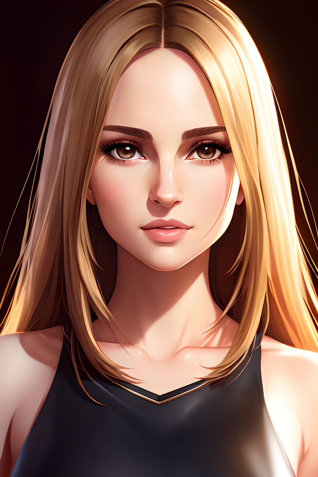 Stained Glass Portrait,a close down anime character portrait of a woman,flat vector art, beautiful anime style woman,Natalie Portman,brown eyes,smiling,Blonde hair,,flat colors,cute head,wide angle, clean detailed faces, intracate clothing, analogous colors, glowing shadows, beautiful gradient, depth of field, clean image, high quality, high detail, high definition, Luminous Studio graphics engine, cute face, slim waist, nice hips,, featured on artstation, aesthetic cute with flutter, wearing black modern clothes, by Randy Vargas