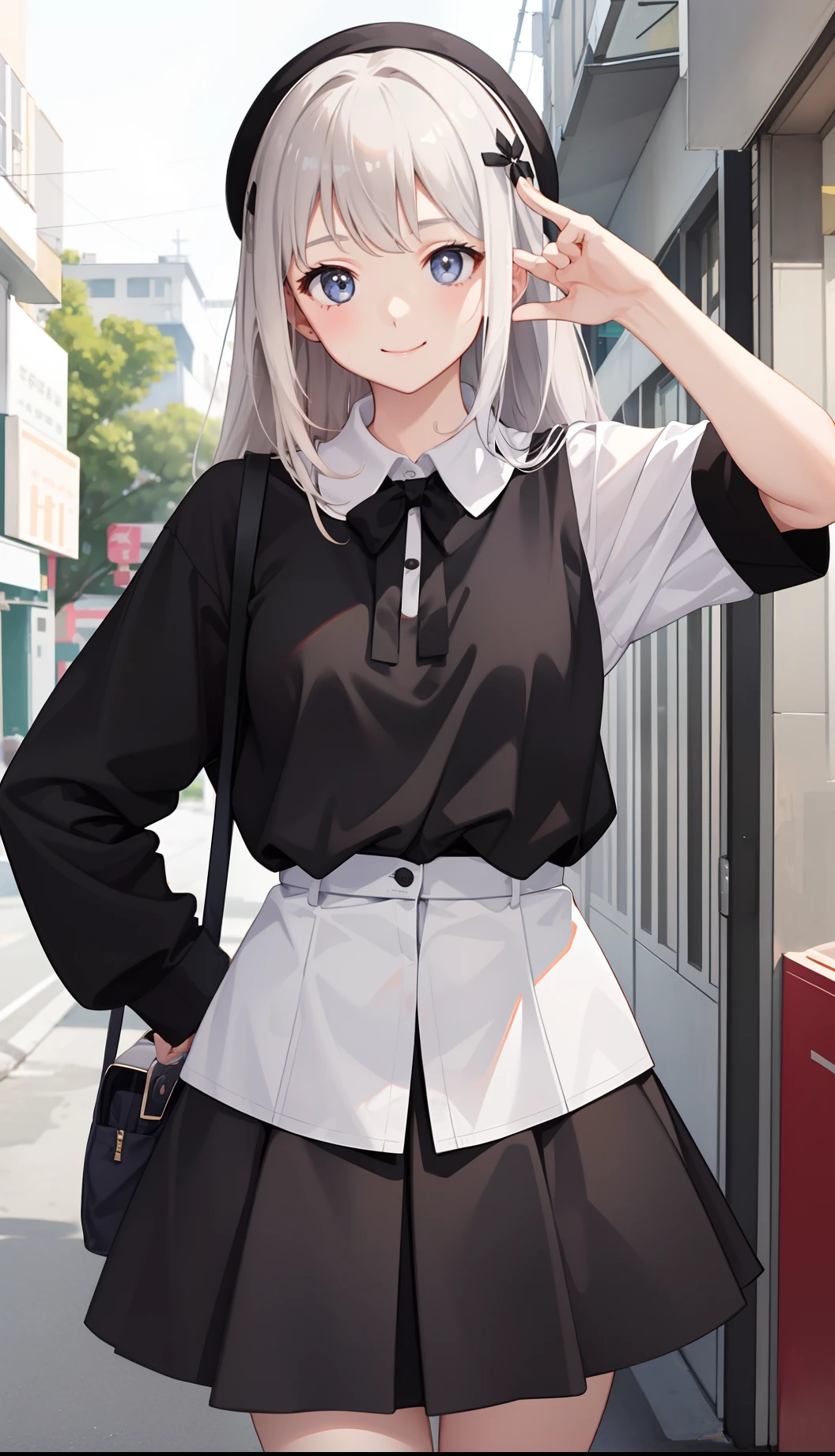 1 girl, smile, shirt, skirt, (small) chiralism,