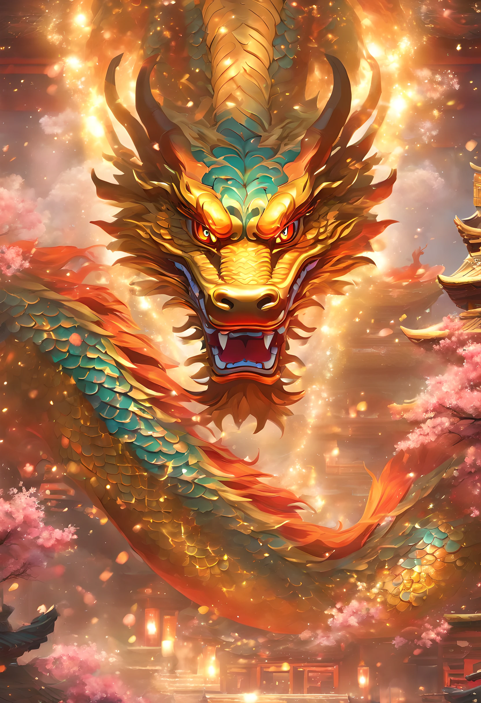 Chinese style elements,Oriental dragon image, Blessed by the dragon,The dragon is praying,Soaring skies, There are colorful lights everywhere, They were delighted, (High contrast), (The era of fantasy worlds), People are happily shopping, The atmosphere of the Spring Festival, (Ray tracing, Global illumination), (Masterpiece:1.4), (vibrant:1.2), Cinematic, iintricate,detail-rich, (Ultra-detailed CG unity 8k wallpaper)