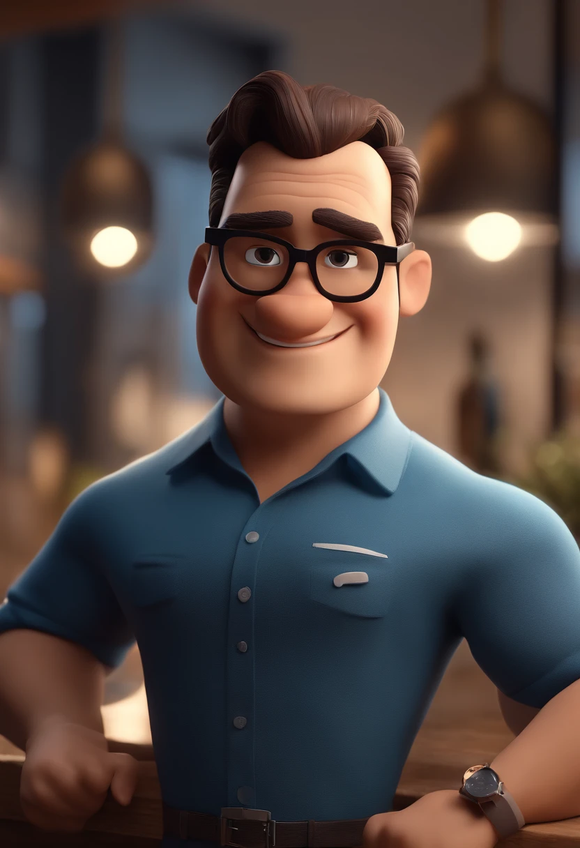 Cartoon character of a man with black glasses and a blue shirt, animation character, Caractere estilizado, animation style rendering, 3D estilizado, Arnold Maya render, 3 d render stylized, toon render keyshot, Personagem 3D, Personagem 3D, 3d rendering stylized, 3 d character render, personagem de desenho animado, Personagem de close up, Pose de personagem,  (Estilo Pixar) (master part:1.2) (Bokeh) (best quality) (pele detalhada) (textura detalhada) (8k) (argila) (Cinematic lighting) (foco nítido