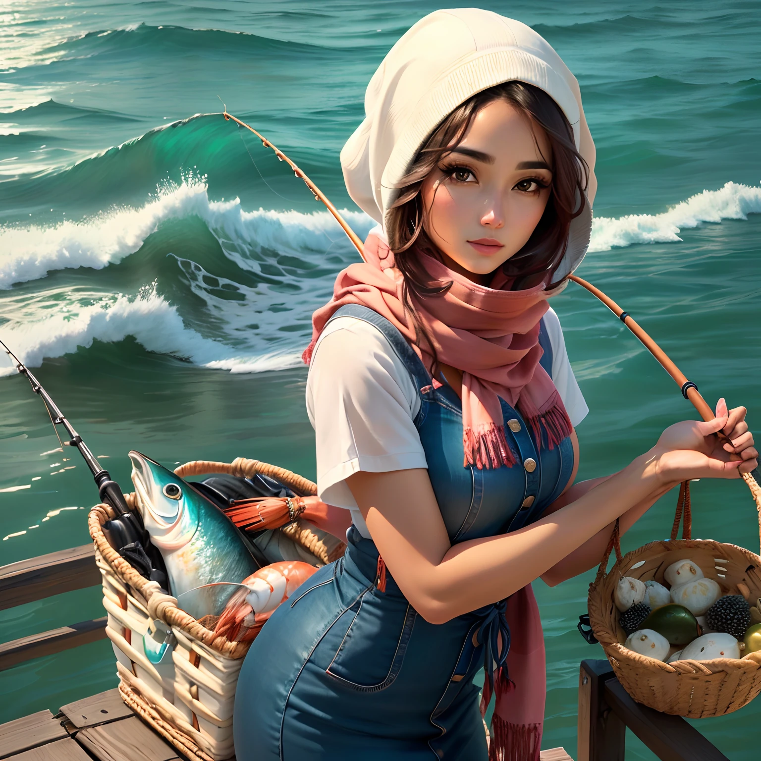 Mulher morena , cabelos longos, Fishing Shrimp with Fishing Basket, usando vestido rodado, scarf tied around her head,  Wearing Hat , perto do mar