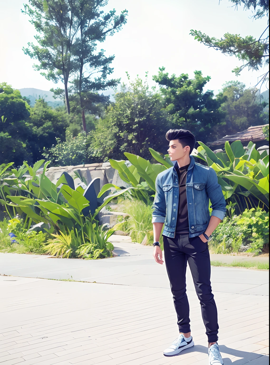 Handsome young boy, in nature, photography, fashion, styles, denim jacket, modeling, cool shoes, Fitness, black classic hairstyle, reto look.