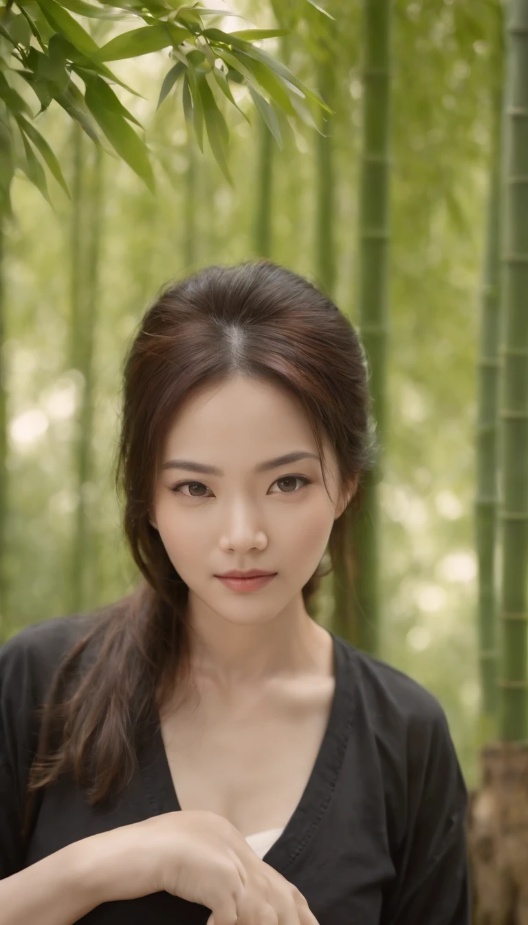 5 women, Around 50 years old, Thick body,shadowboxing, Green bamboo forest, Illustration style, Prolonged exposure to the whole body, Exquisite facial features, Chinese ink style, Martial arts style, selective focus, in a panoramic view, (Bokeh:1.5)