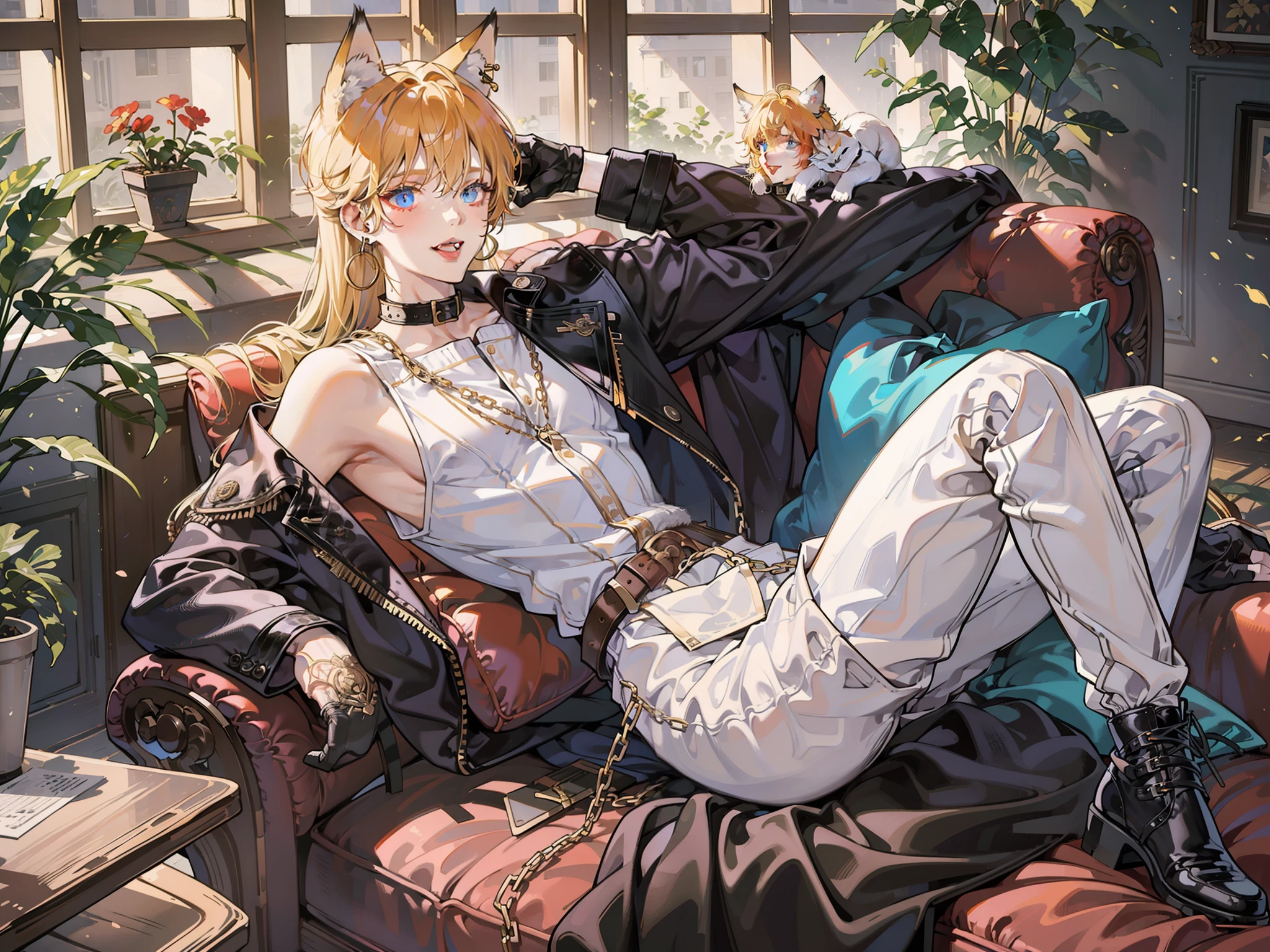 masterpiece, dramatic_angle, dramatic_shadows, best_quality, 1boy, gloves, male_focus, black_gloves, animal_ears, belt, collar, tail, lying, tongue, solo, tongue_out, looking_at_viewer, shoes, pants, couch, on_back, orange_hair, jewelry, blonde_hair, sneakers, open_mouth, full_body, black_footwear, microphone, plant, sitting, multicolored_hair, collar, black_trousers, smirk, potted_plant, alternate_costume, fox_ears, fang, black_jacket fox_tail, stuffed_toy, teeth, ear_piercing, two-tone_hair, indoors, stuffed_animal, red_hair, buckle, earrings, necklace, belt_buckle, makeup, depth_of_field, piercing, blurry_foreground, dog_collar, wolf_tail, crossed_legs, blue_eyes, chain, on_couch, :p, personification, bracelet, mansion_background, ring, jacket_on_shoulders, fangs, boots, poster_(object), long_sleeves, lipstick, streaked_hair
