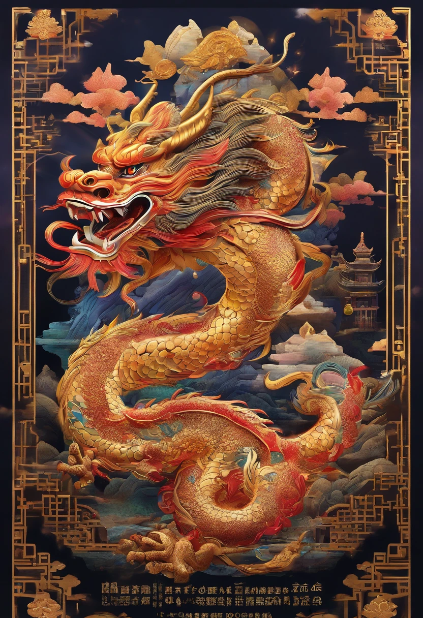 Chinese style elements，Oriental dragon image, Blessed by the dragon，The dragon is praying，Soaring skies, There are colorful lights everywhere, They were delighted, (High contrast), (The era of fantasy worlds), People are happily shopping, The atmosphere of the Spring Festival, (Ray tracing, Global illumination), (Masterpiece:1.4), (vibrant:1.2), Cinematic, iintricate，detail-rich, (Ultra-detailed CG unity 8k wallpaper)