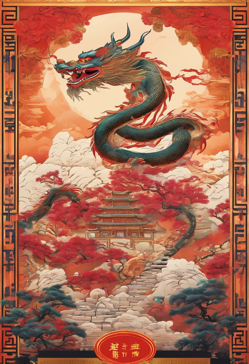 Chinese style elements，Oriental dragon image, Blessed by the dragon，The dragon is praying，Soaring skies, There are colorful lights everywhere, They were delighted, (High contrast), (The era of fantasy worlds), People are happily shopping, The atmosphere of the Spring Festival, (Ray tracing, Global illumination), (Masterpiece:1.4), (vibrant:1.2), Cinematic, iintricate，detail-rich, (Ultra-detailed CG unity 8k wallpaper)