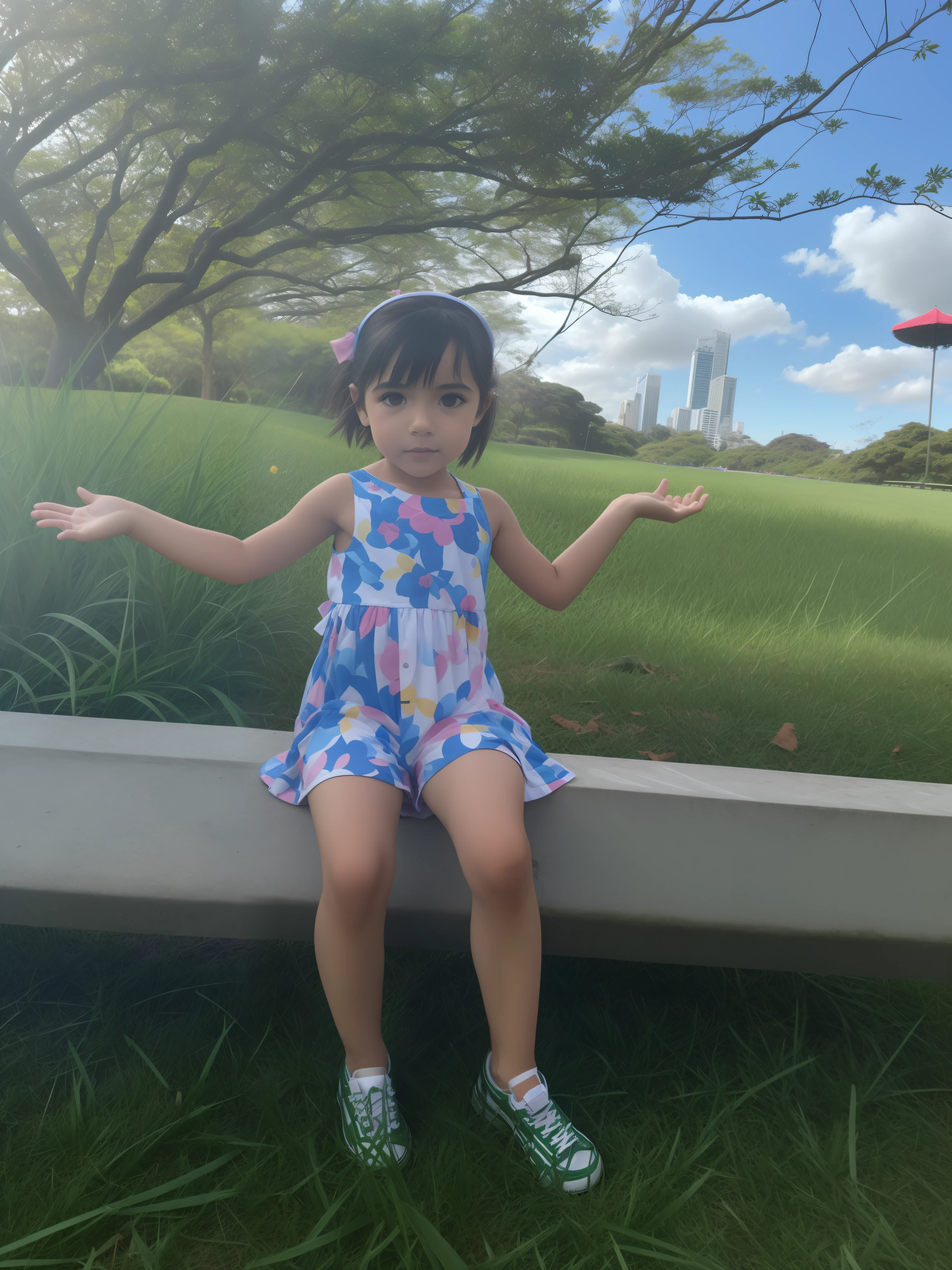 There's a girl sitting on a concrete bench in the grass, no parque, 2 anos, em um parque, katelynn mini estilo bonito, quatro anos, pose divertida, imagem de qualidade muito baixa, menina bonito vestindo o terno do tanque, photo shoot, Pose completa, sentado em um campo, 4 anos de idade, no parque em um belo dia