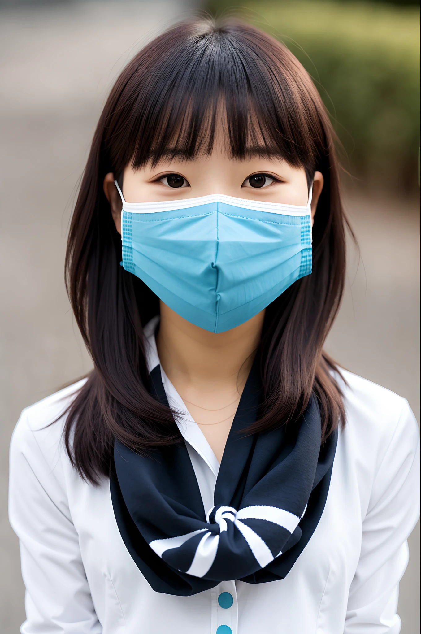 A fair-skinned 159cm boyish girl wearing a white sailor suit and a light blue scarf with short short center-parted black hair and a gray pitta mask、Photograph of a fair-skinned 158cm girl wearing a white sailor suit and a light blue scarf with black rimmed glasses with a small face mask with one knot with bangs and black hair