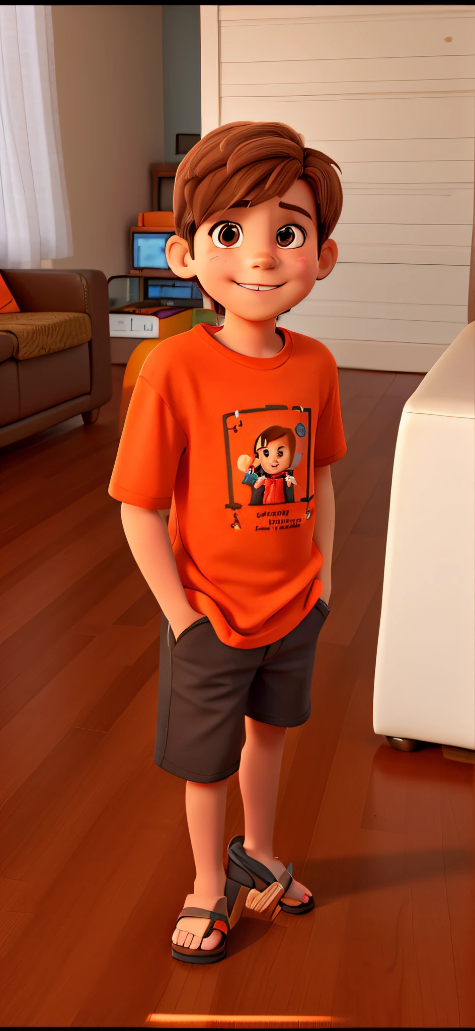 A boy with straight, light brown hair, wearing an orange t-shirt, standing in the living room with his hands in his pockets, smiling and wearing flip-flops