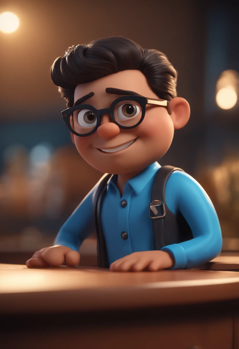 Cartoon character of a man with black glasses and a blue shirt, animation character, Caractere estilizado, animation style rendering, 3D estilizado, Arnold Maya render, 3 d render stylized, toon render keyshot, Personagem 3D, Personagem 3D, 3d rendering stylized, 3 d character render, personagem de desenho animado, Personagem de close up, Pose de personagem, (Estilo Pixar) (master part:1.2) (Bokeh) (best quality) (pele detalhada) (textura detalhada) (8k) (argila) (Cinematic lighting) (foco nítido