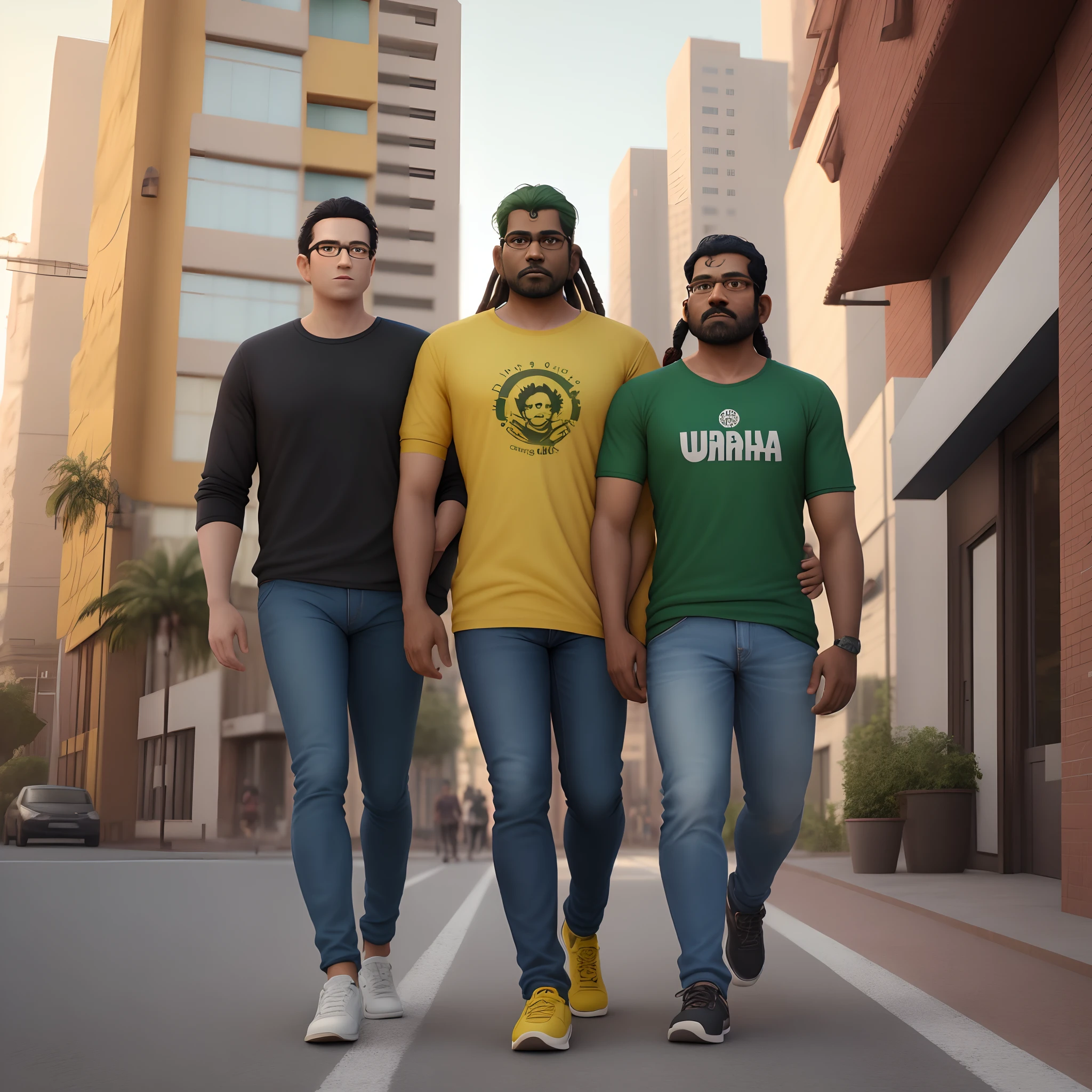 Pixar-inspired 3D poster capturing a scene with a 38-year-old dark-skinned Indian man with dreadlocks on his head, Wear glasses with clear rims, vestindo uma camisa verde e amarela , 1.80 cm de altura, com jeans apertado, athletic build, Walking down a street with tall buildings