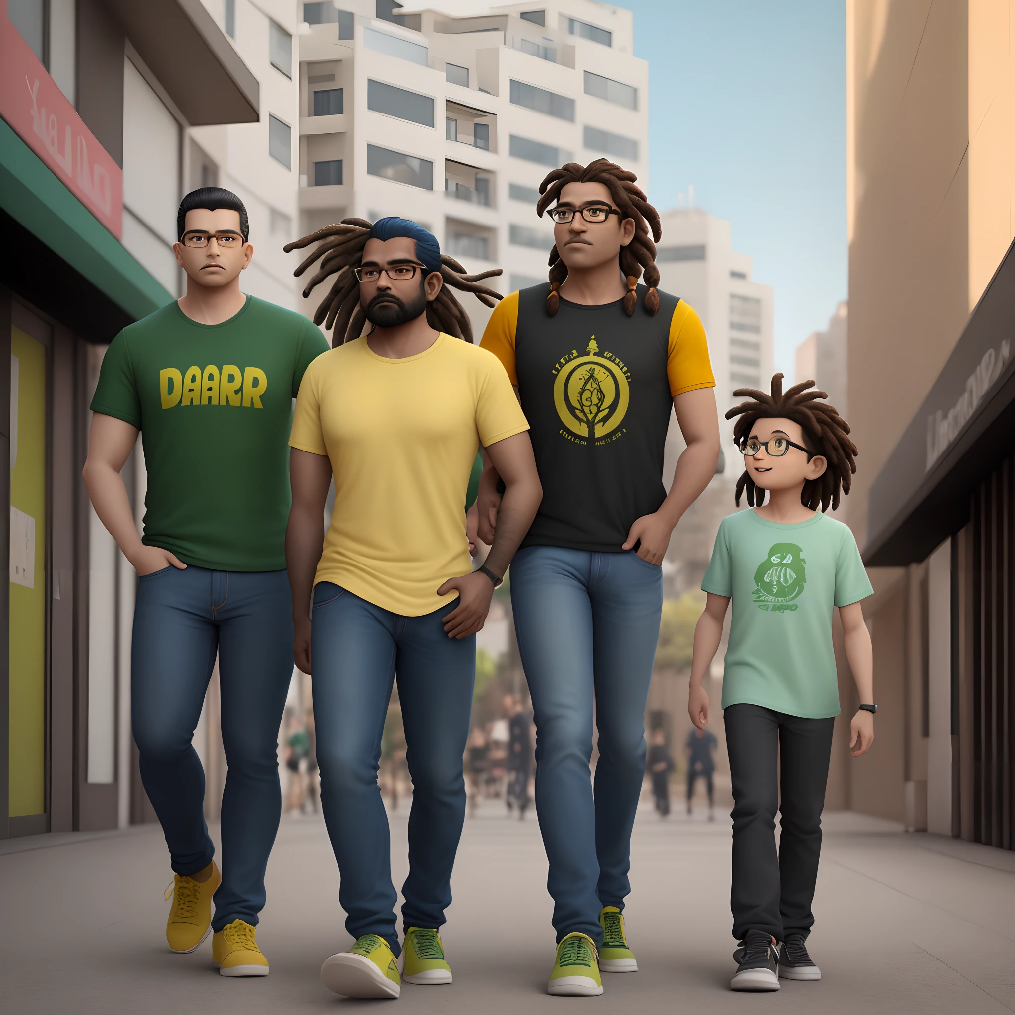 Pixar-inspired 3D poster capturing a scene with a 38-year-old dark-skinned Indian man with dreadlocks on his head, Wear glasses with clear rims, vestindo uma camisa  verde e amarela , 1.80 cm de altura, com jeans apertado, athletic build, Walking down a street with tall buildings